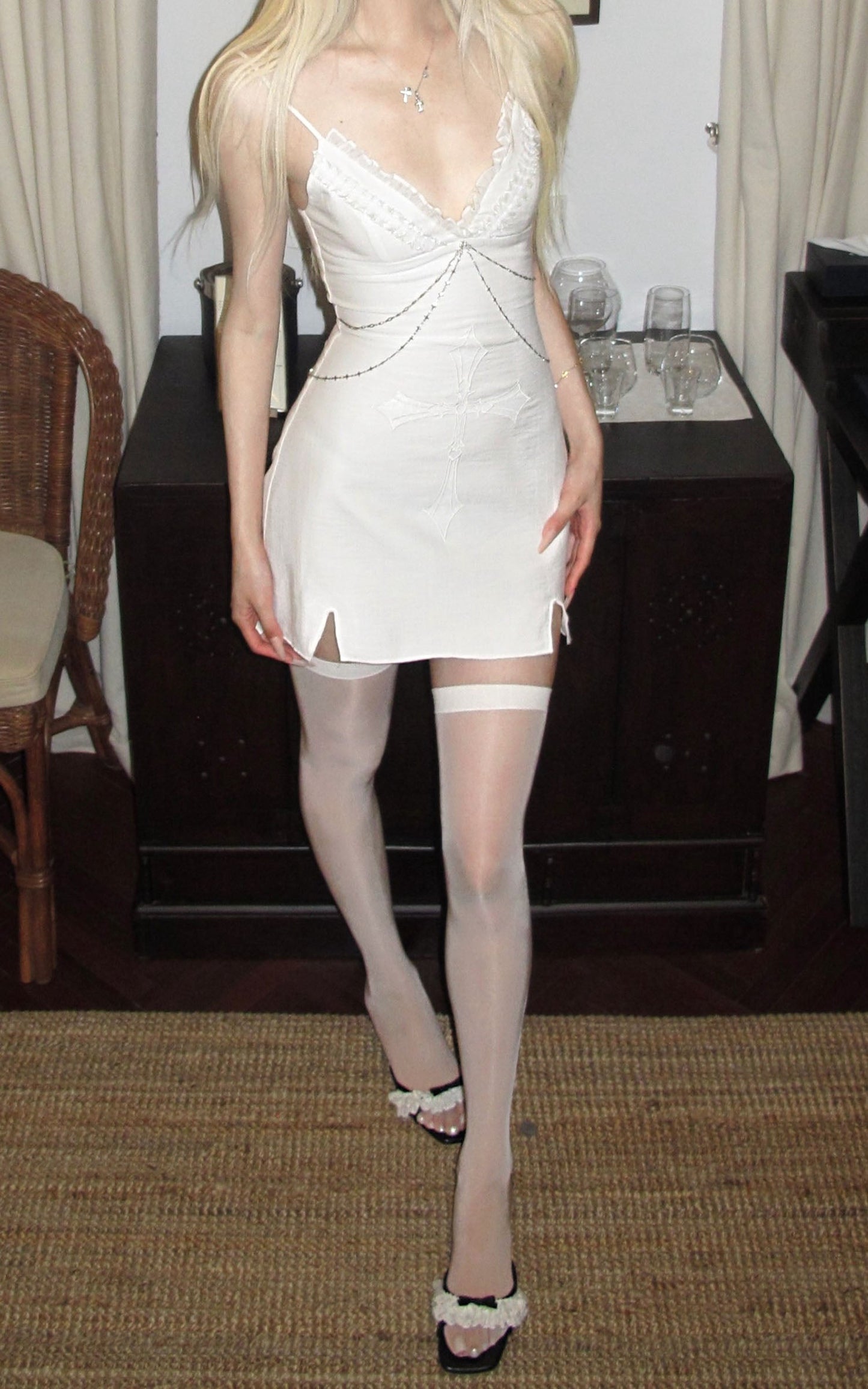 Cross Embroidered Chain-Trim Mini Dress