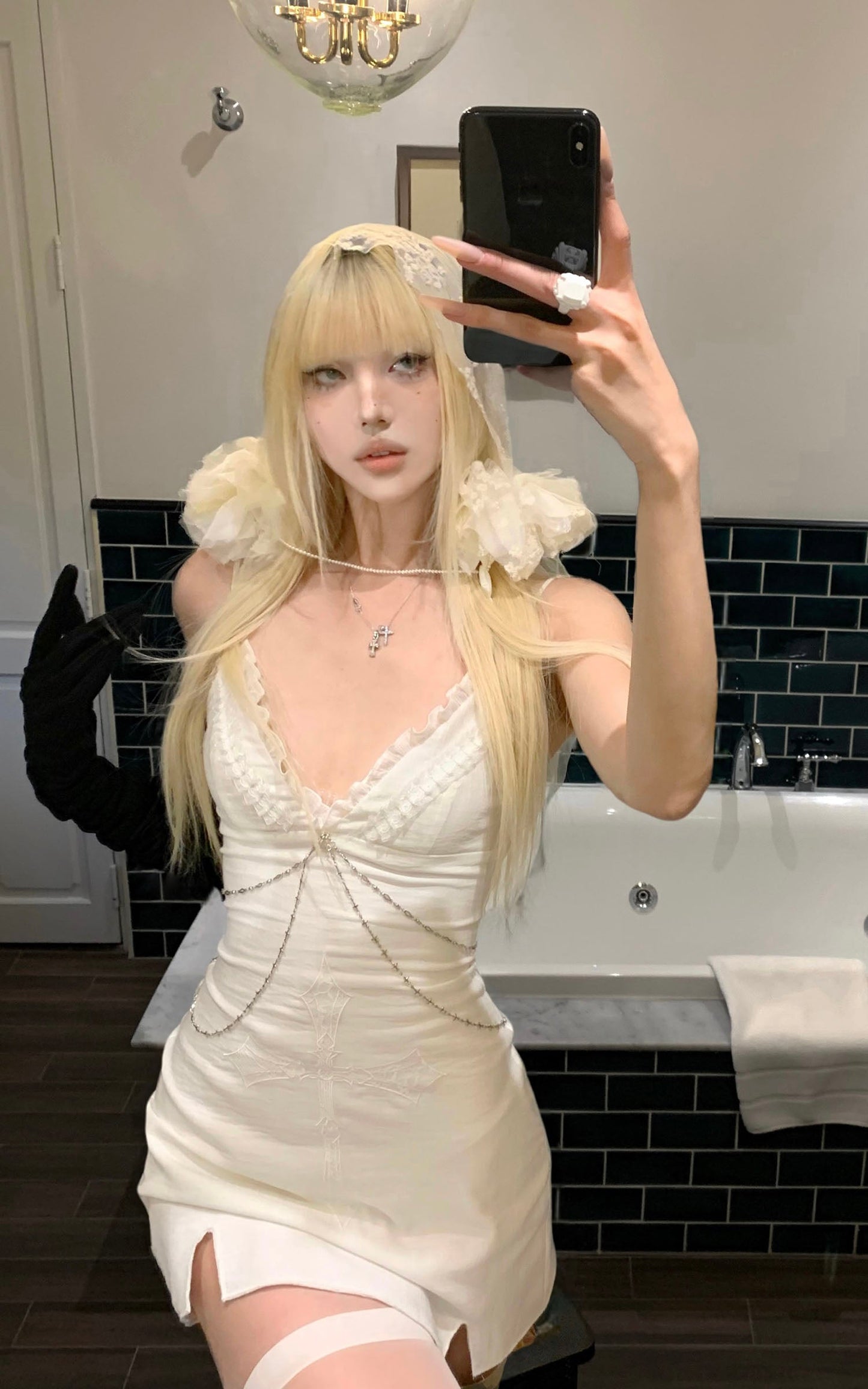 Cross Embroidered Chain-Trim Mini Dress