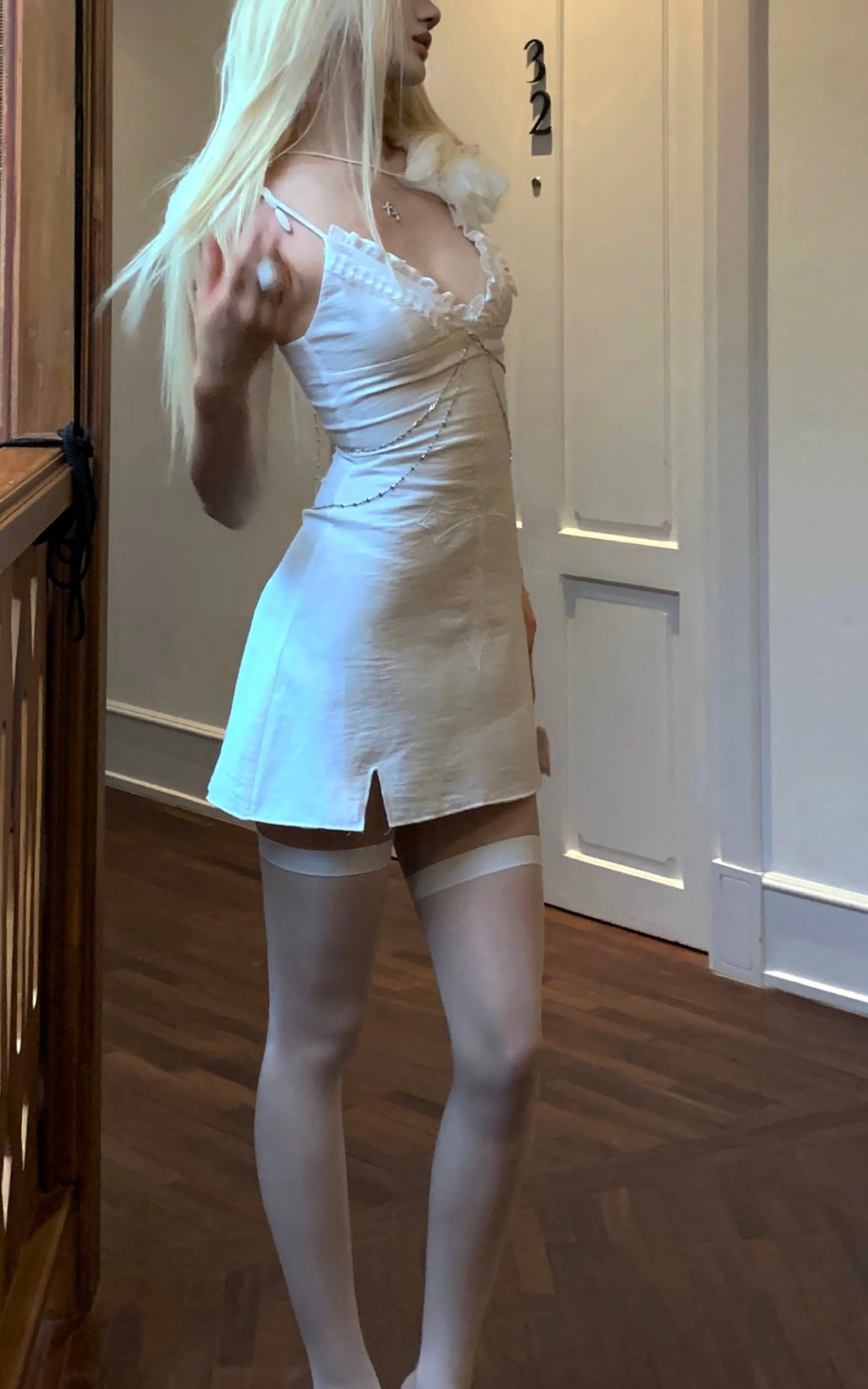 Cross Embroidered Chain-Trim Mini Dress