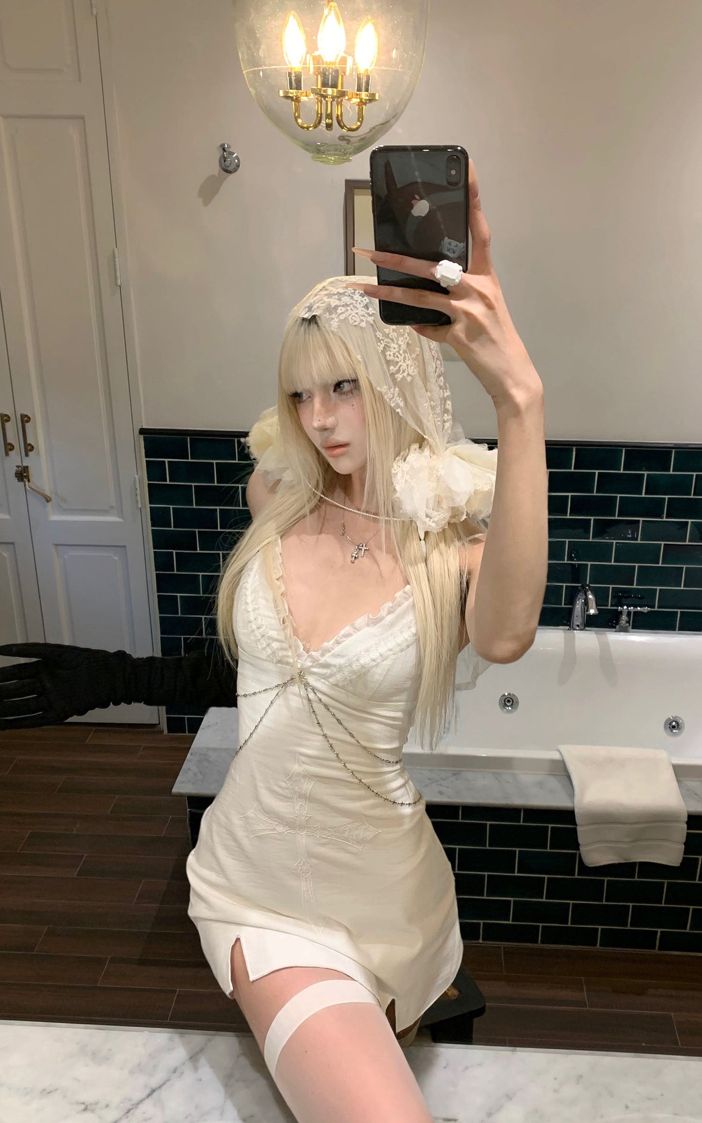 Cross Embroidered Chain-Trim Mini Dress