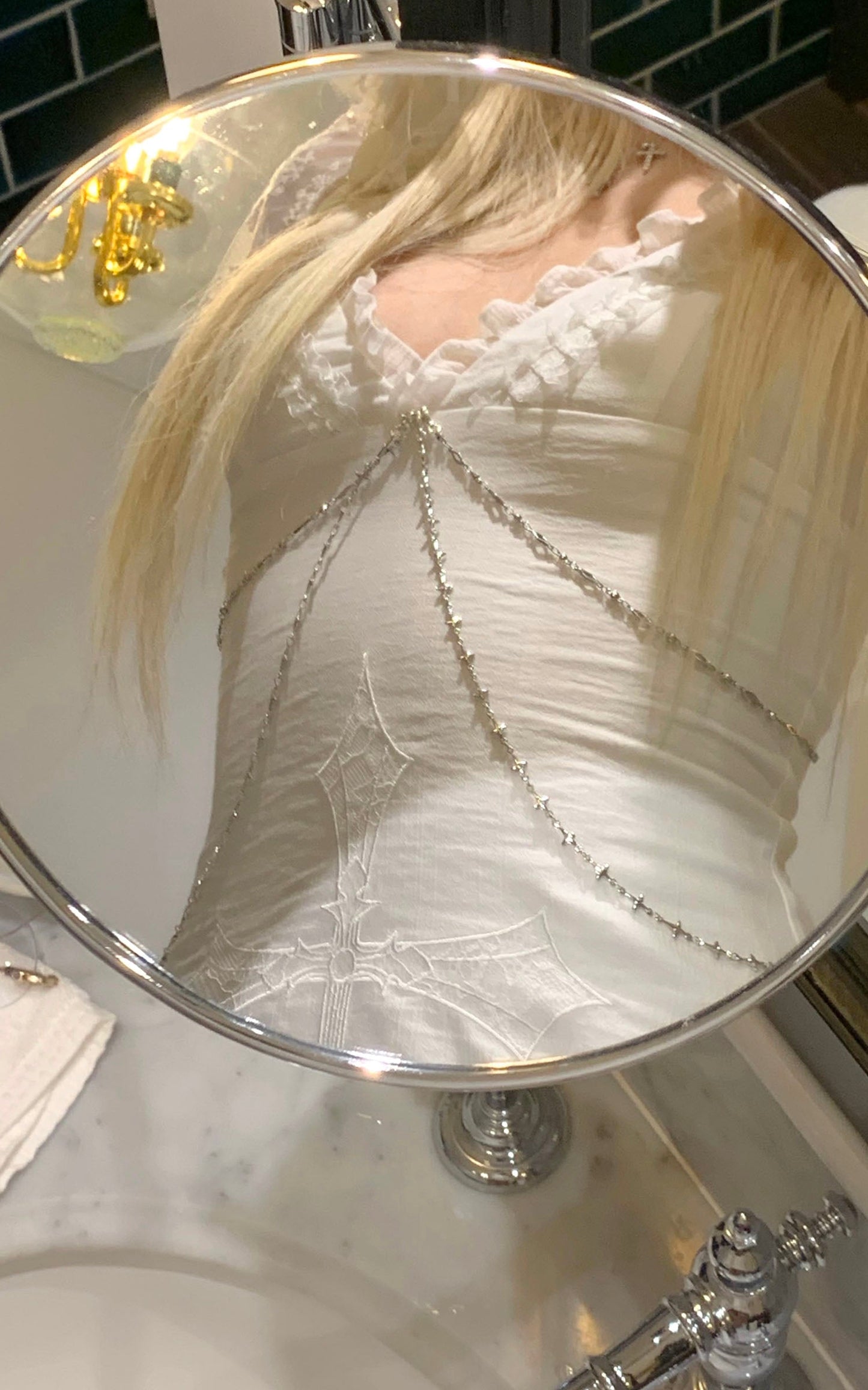 Cross Embroidered Chain-Trim Mini Dress
