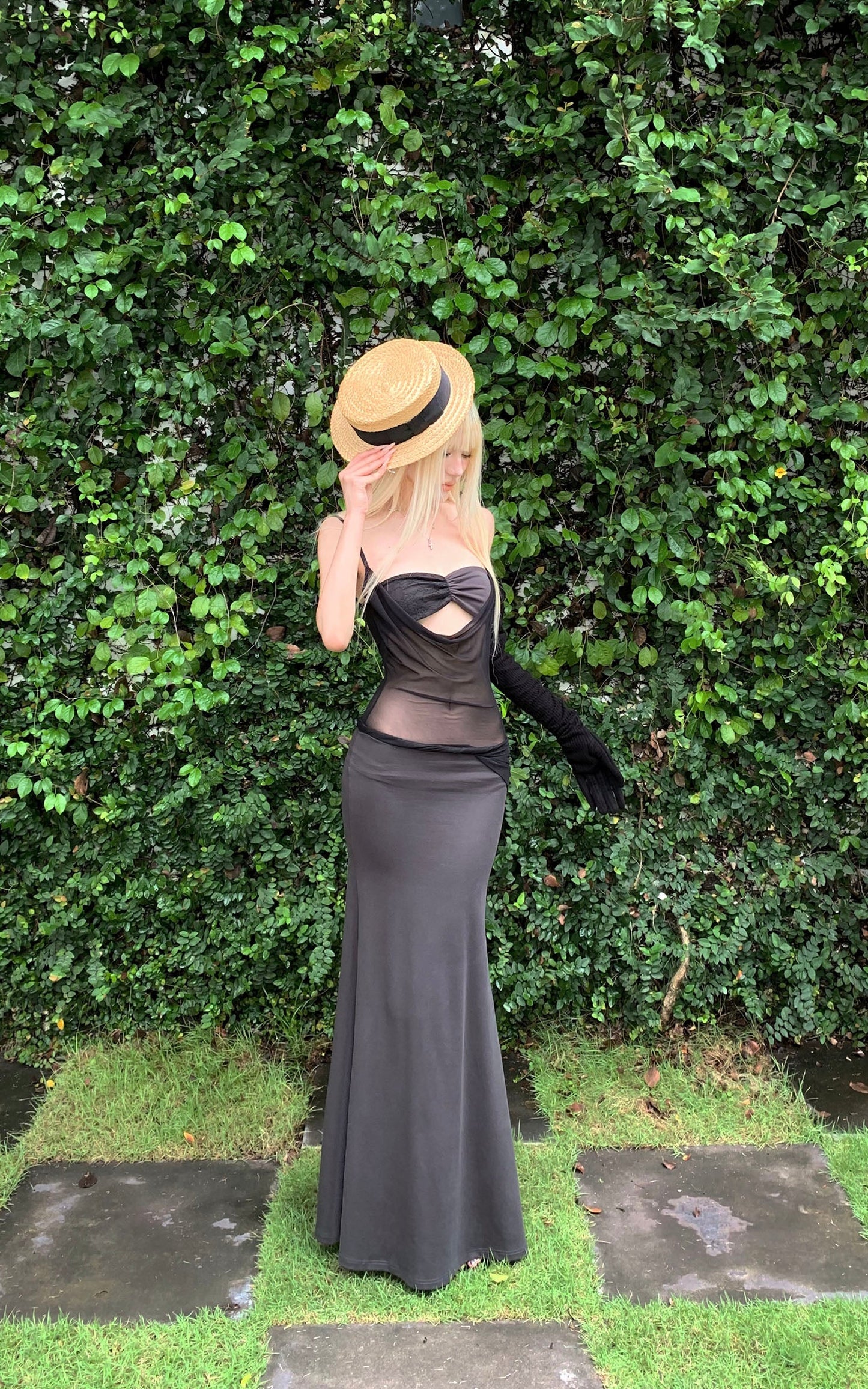 Sheer Panel Spliced Corset Maxi Dress
