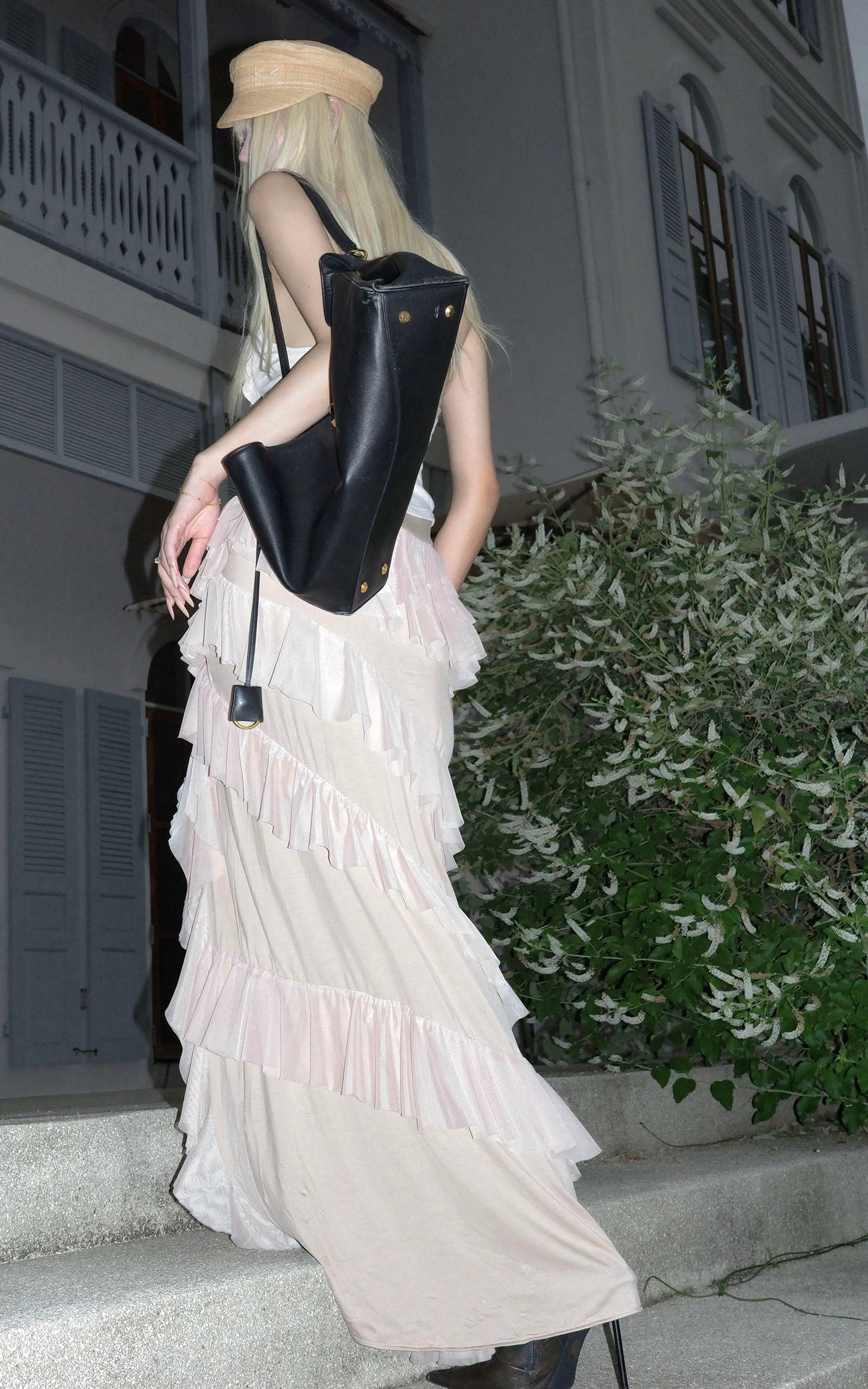 Layered Sheer Ruffle Panel Asymmetric Skirt