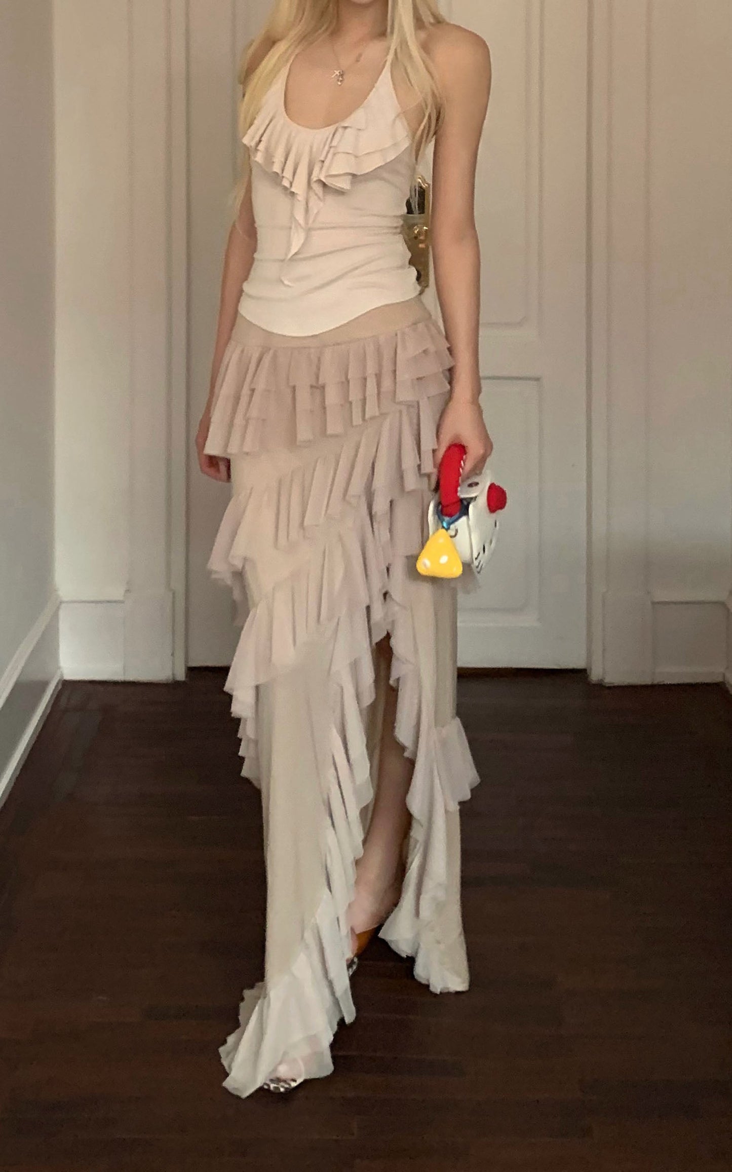 Layered Sheer Ruffle Panel Asymmetric Skirt