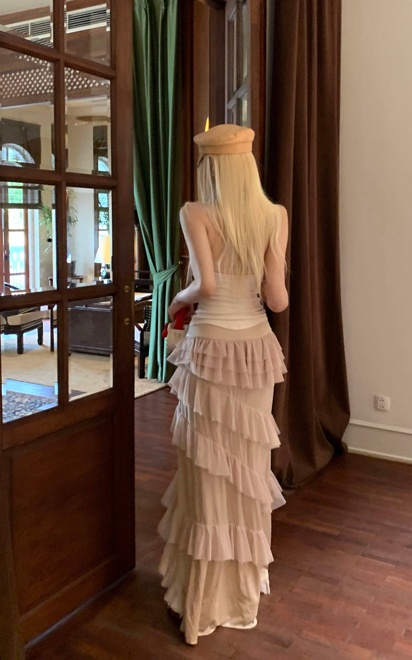 Layered Sheer Ruffle Panel Asymmetric Skirt