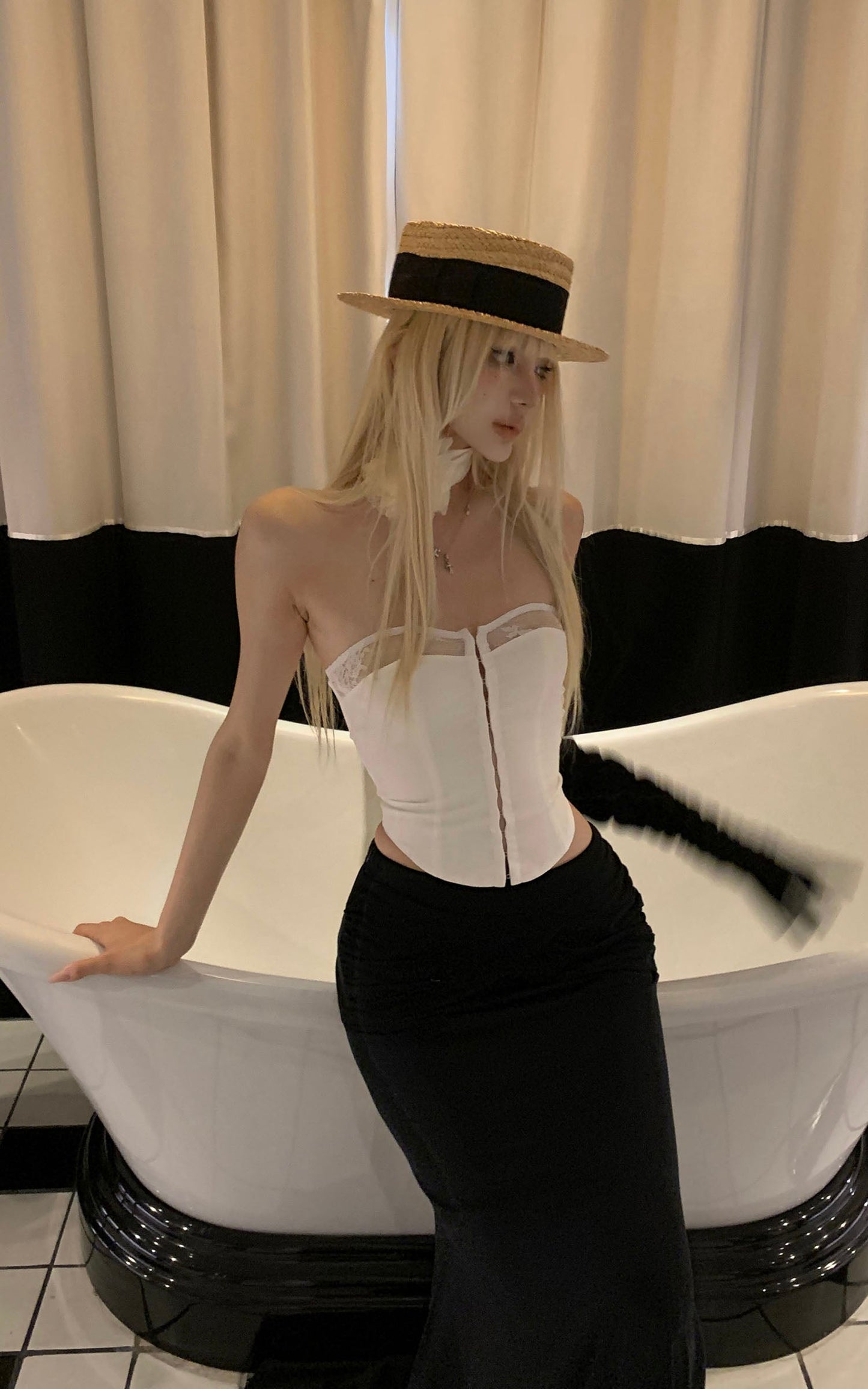 White Hook-Eye Bustier with Lace Trim