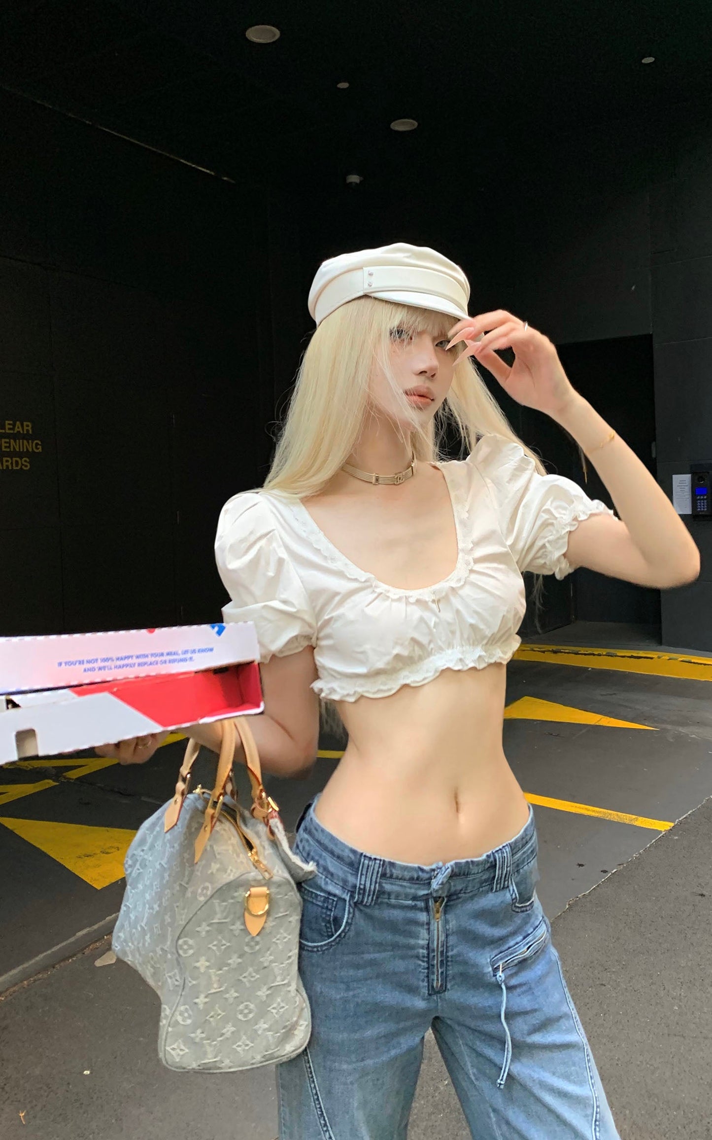 Lace-Trimmed Puff Sleeve Crop Top