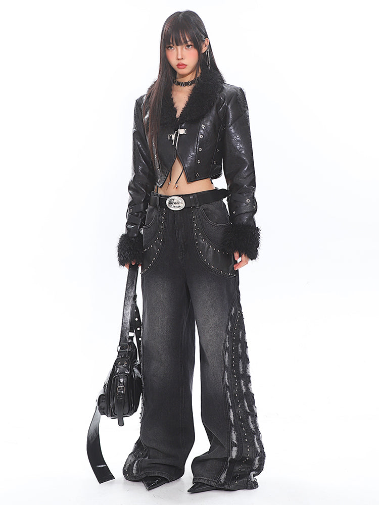 Deconstructed Leather Washed Jeans