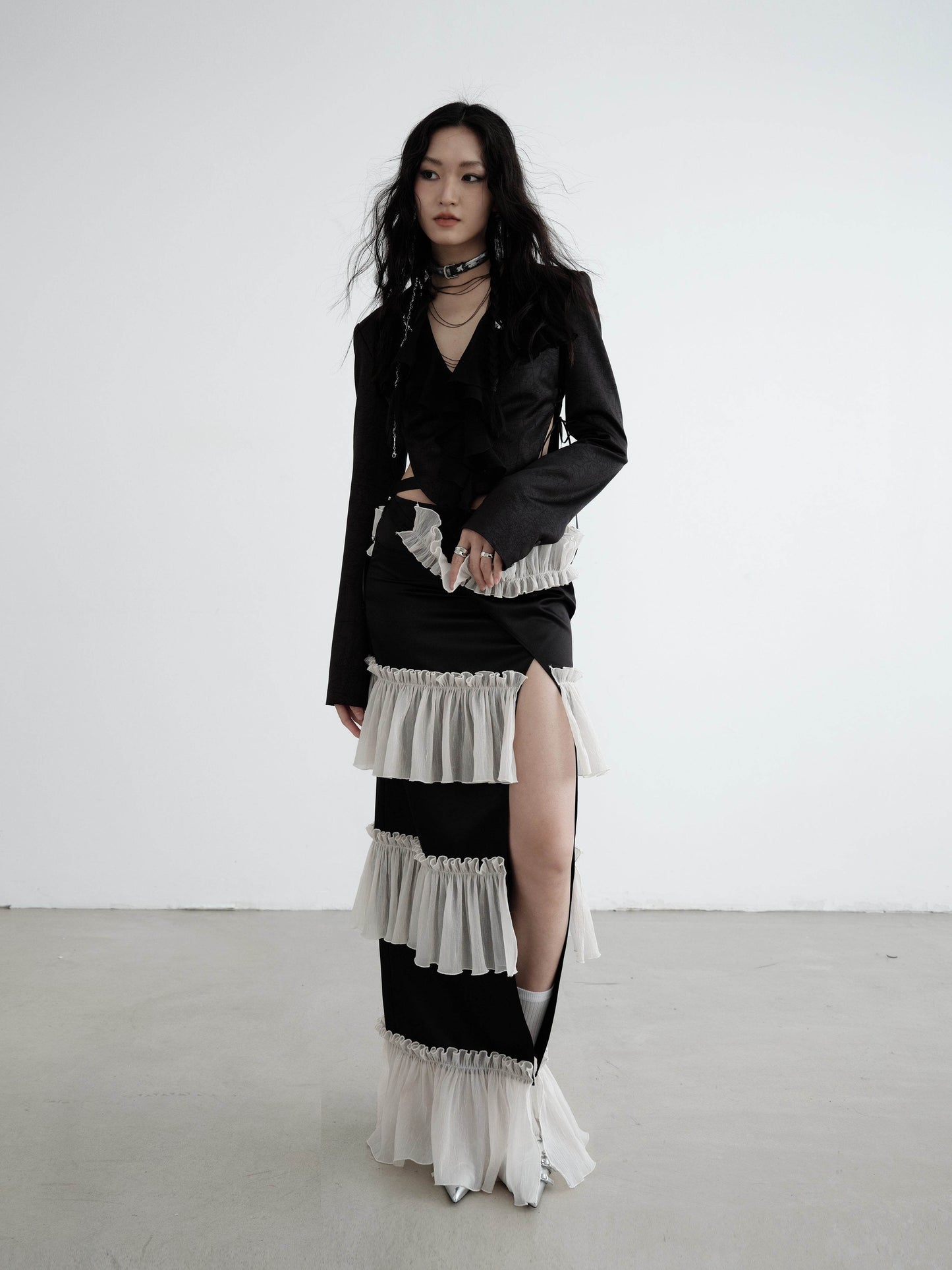 Textured Satin Ruffled Front Cropped Jacket - My Store