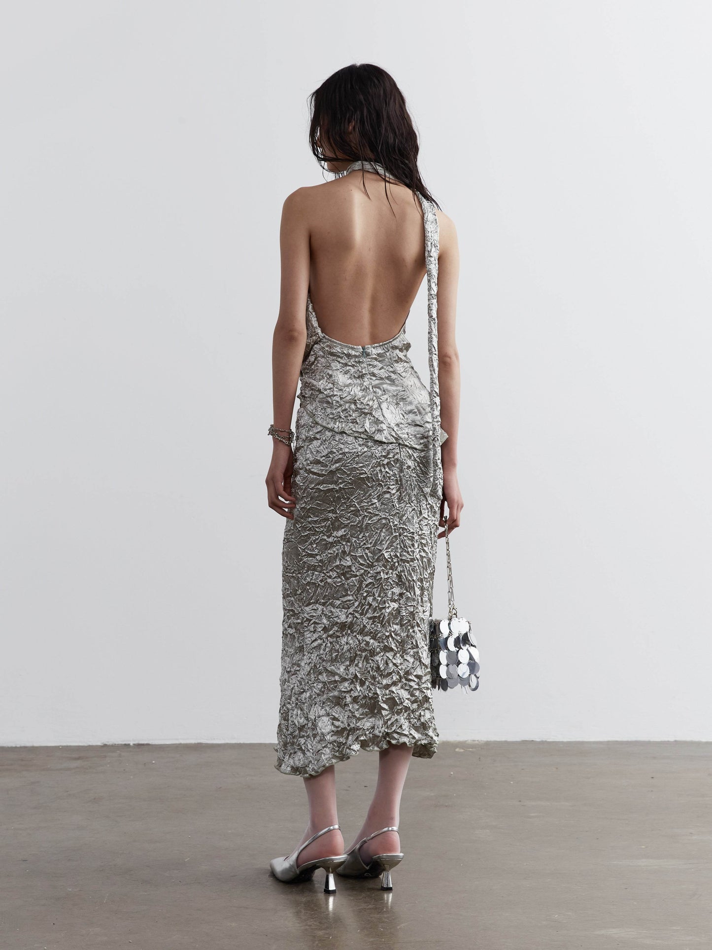 Metallic Satin Wrinkle Textured Top And Skirt Set - My Store