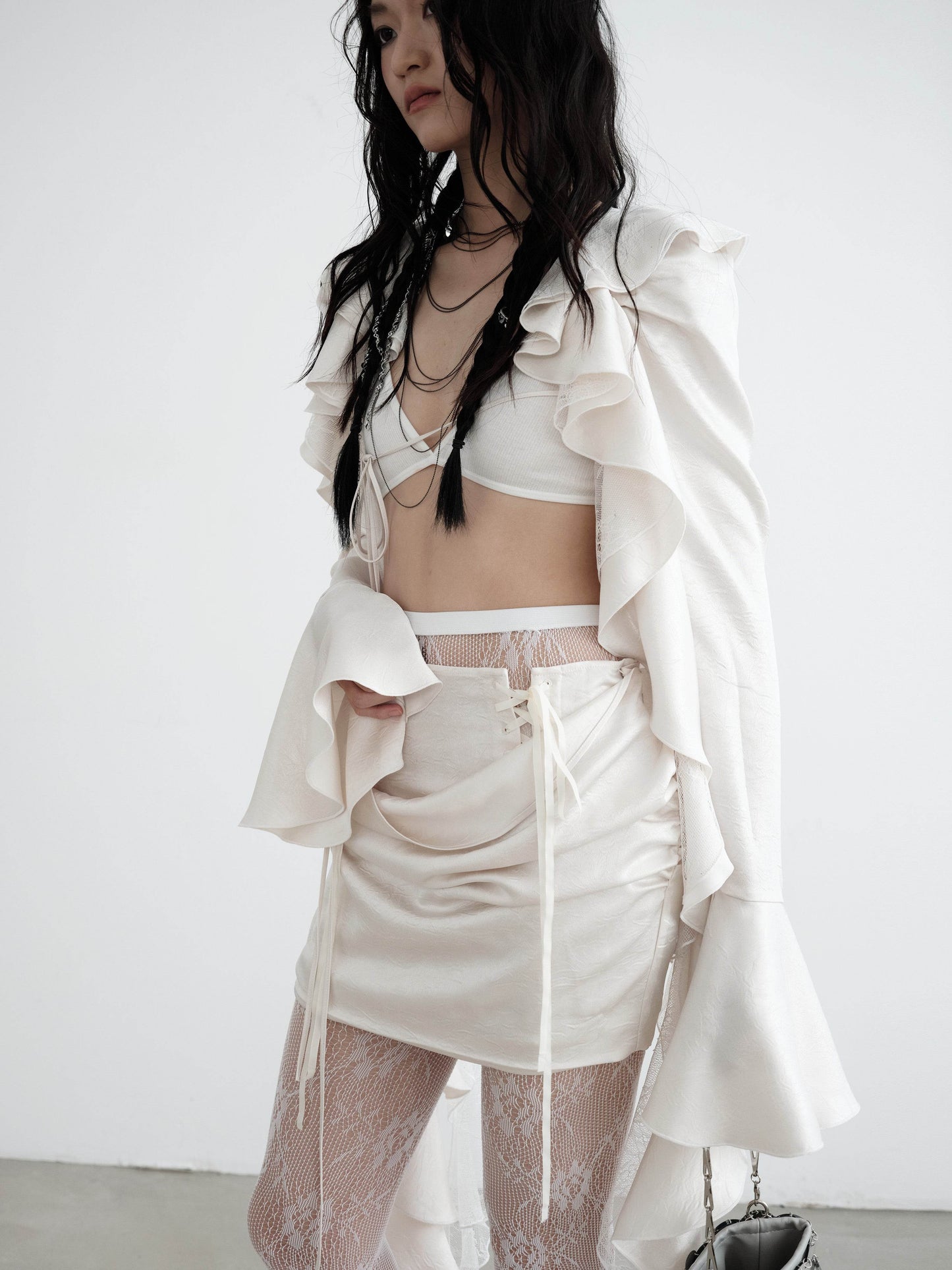 Glossy Ruffle Top And Draped Lace-Up Skirt Set - My Store
