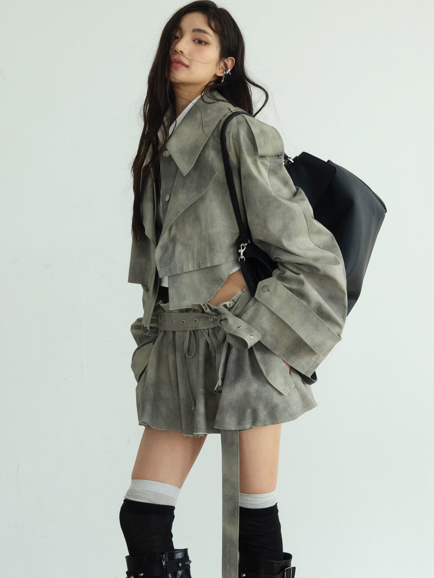 Cropped Dyed Jacket And Belted Mini Skirt Set - My Store