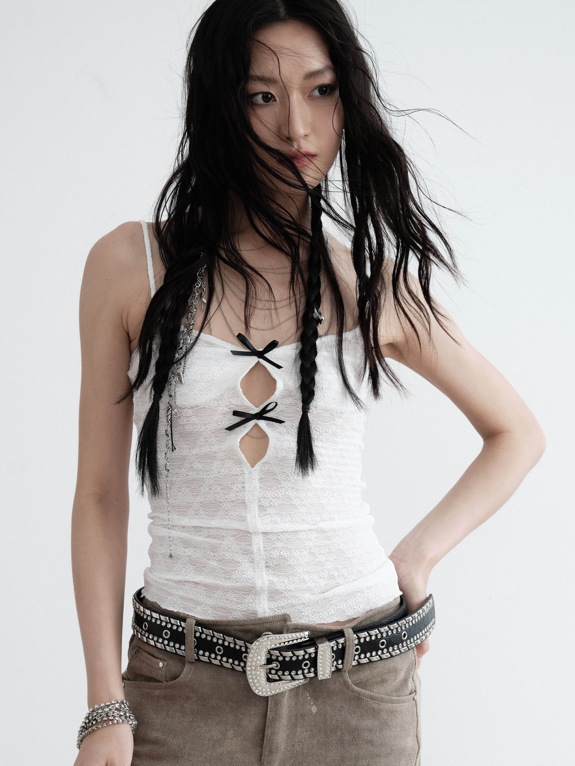 Floral Lace Cut-Out Bow Camisole Top - My Store