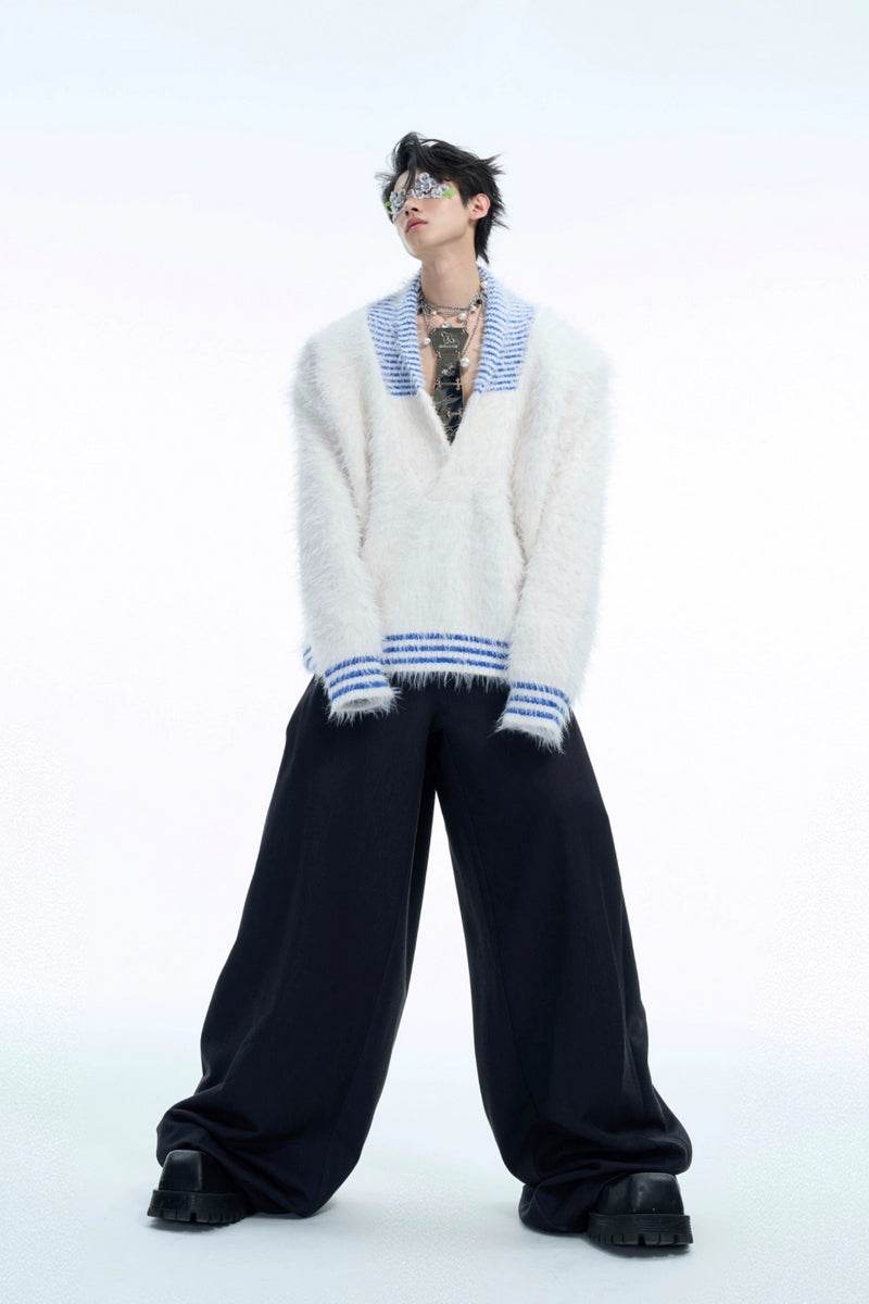 V-Neck Colorblock Fuzzy Knit Sweater - My Store