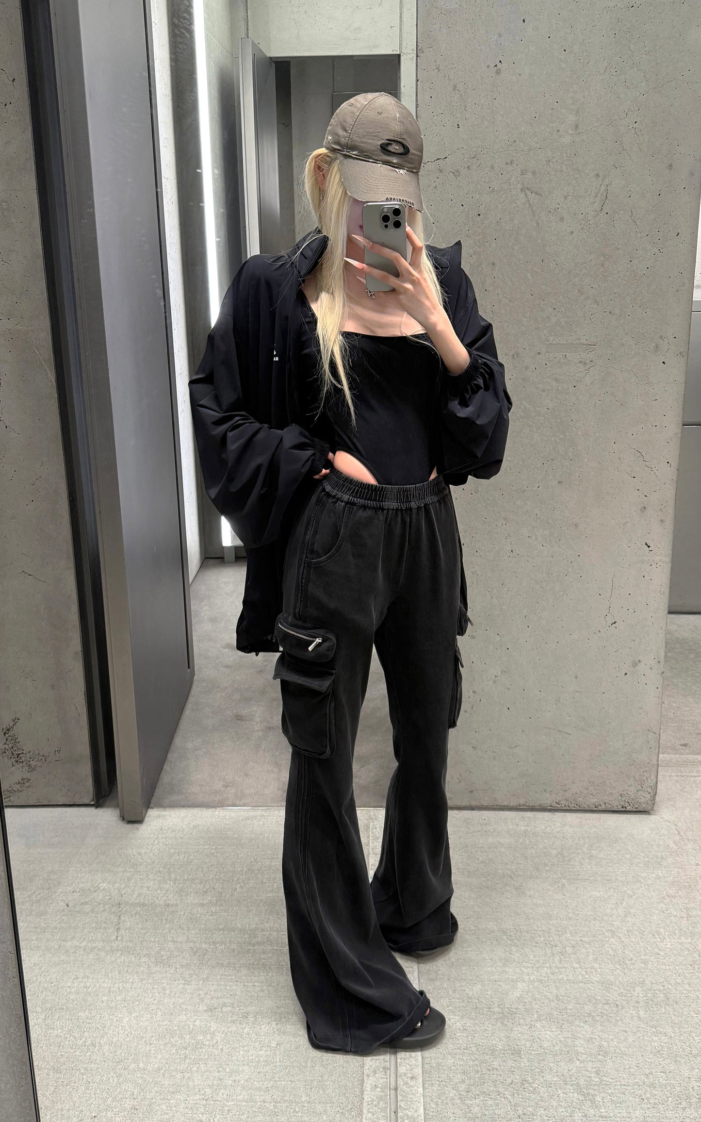 Washed Flare Cargo Pants with Multi Pockets