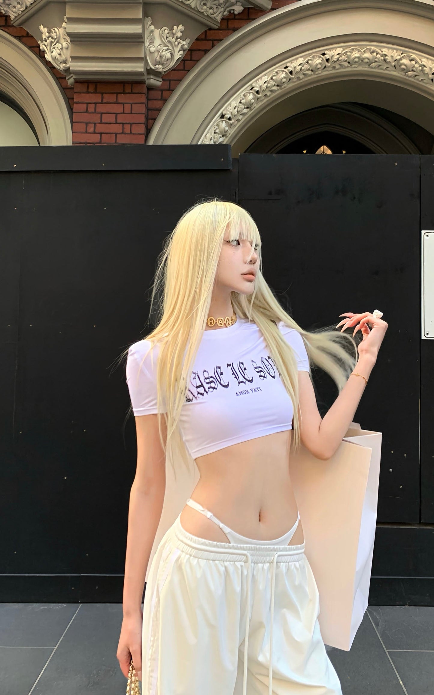 Gothic Print Cropped White Tee
