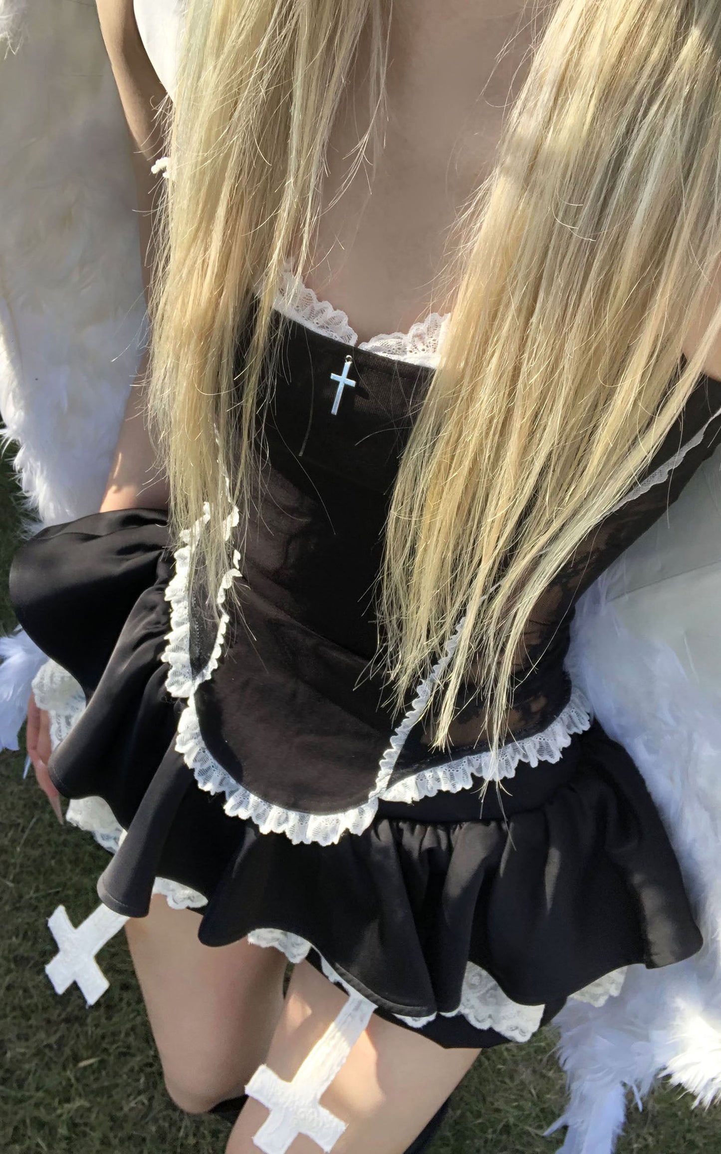 Lace-Trimmed Vest and Skirt Set with Cross Detail
