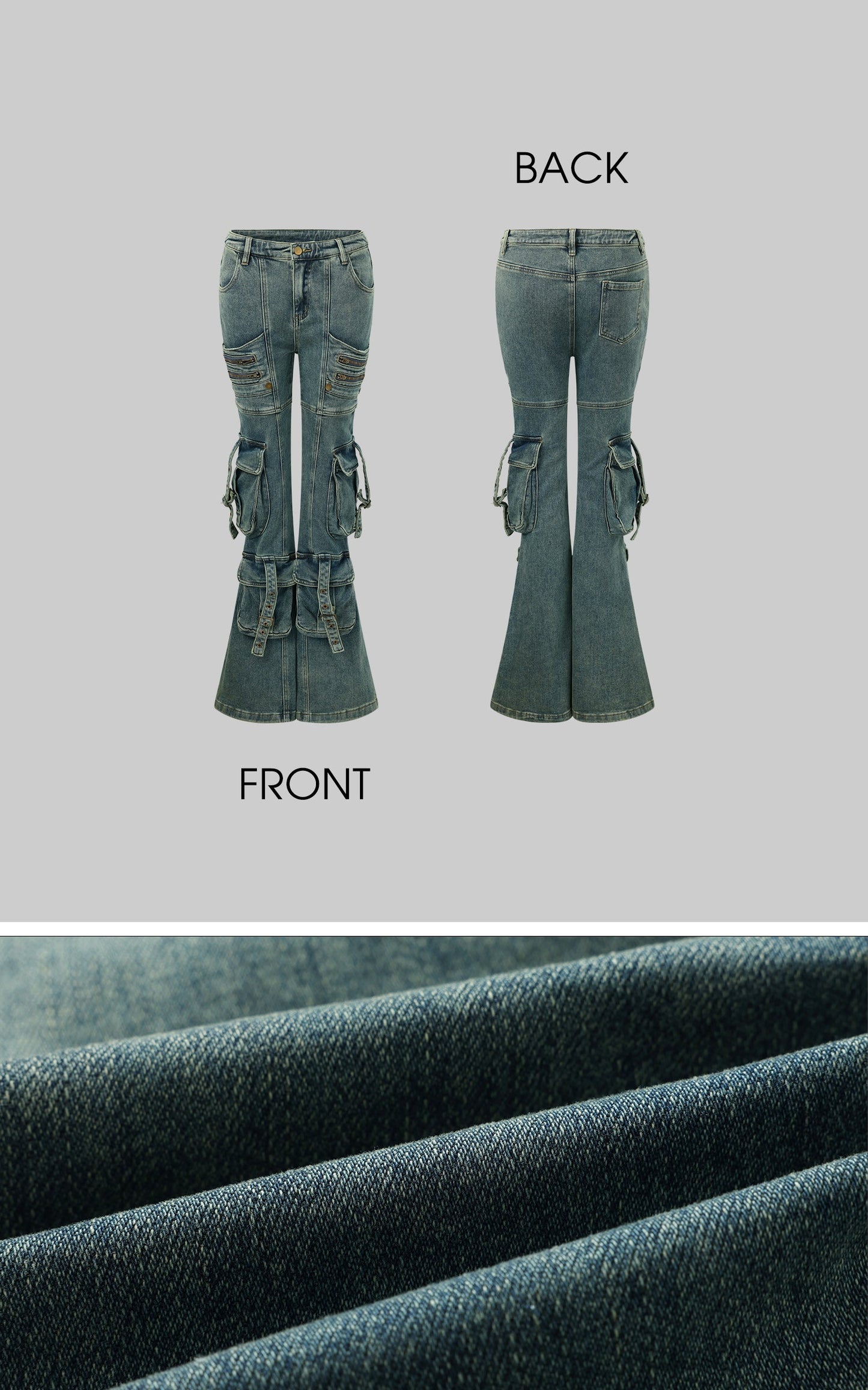 Multi-Pocket Distressed Flared Jeans