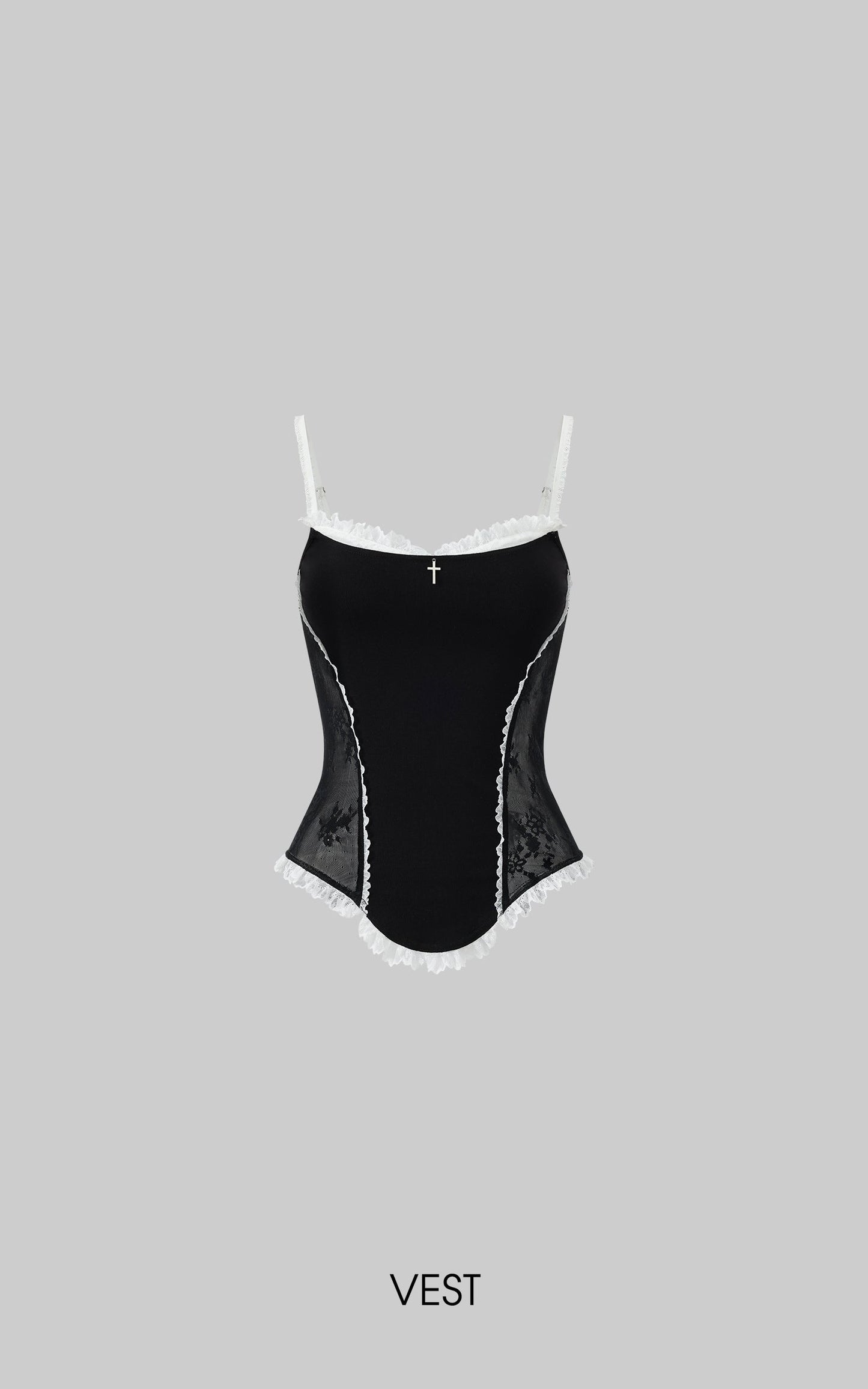 Lace-Trimmed Vest and Skirt Set with Cross Detail