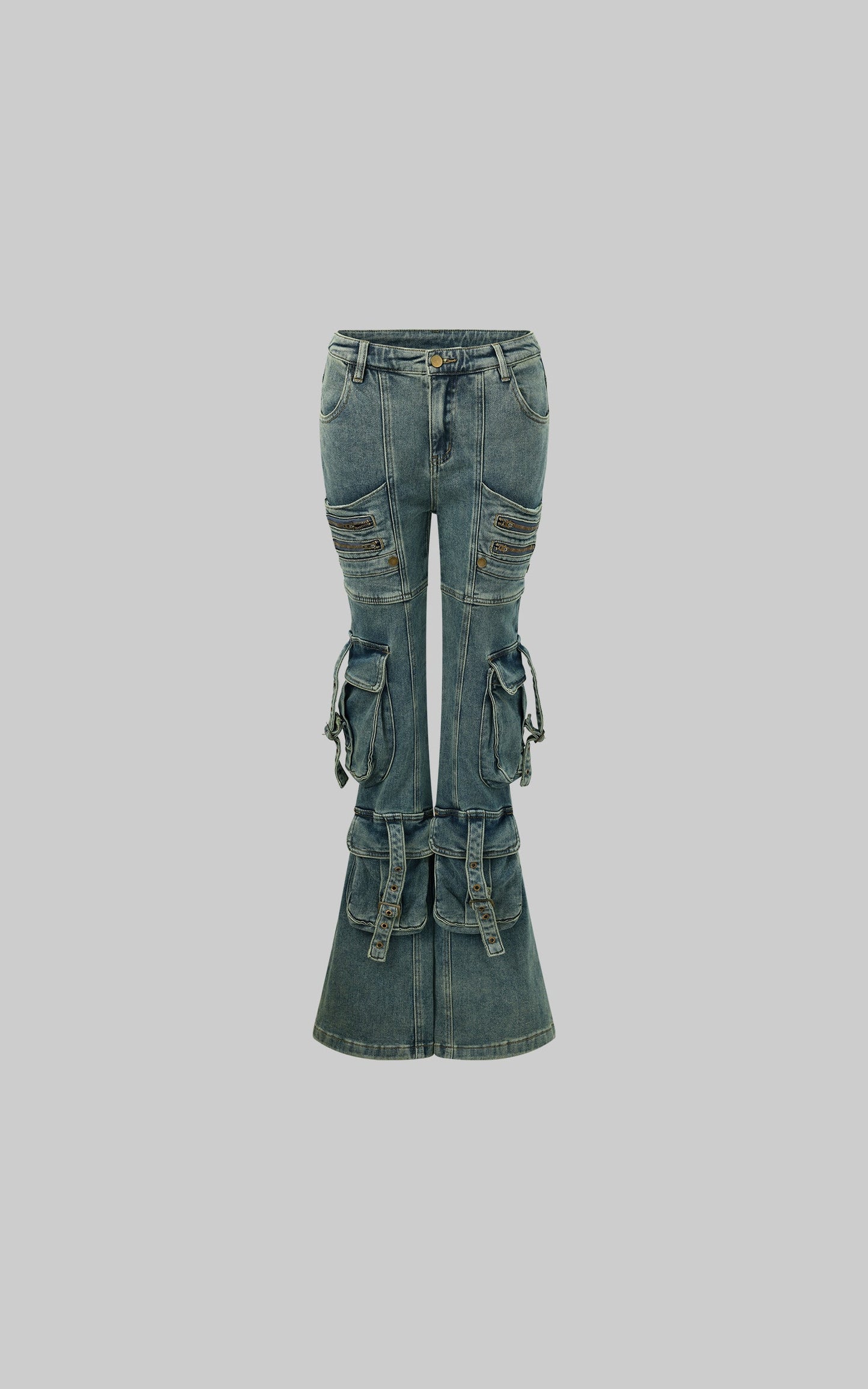Multi-Pocket Distressed Flared Jeans