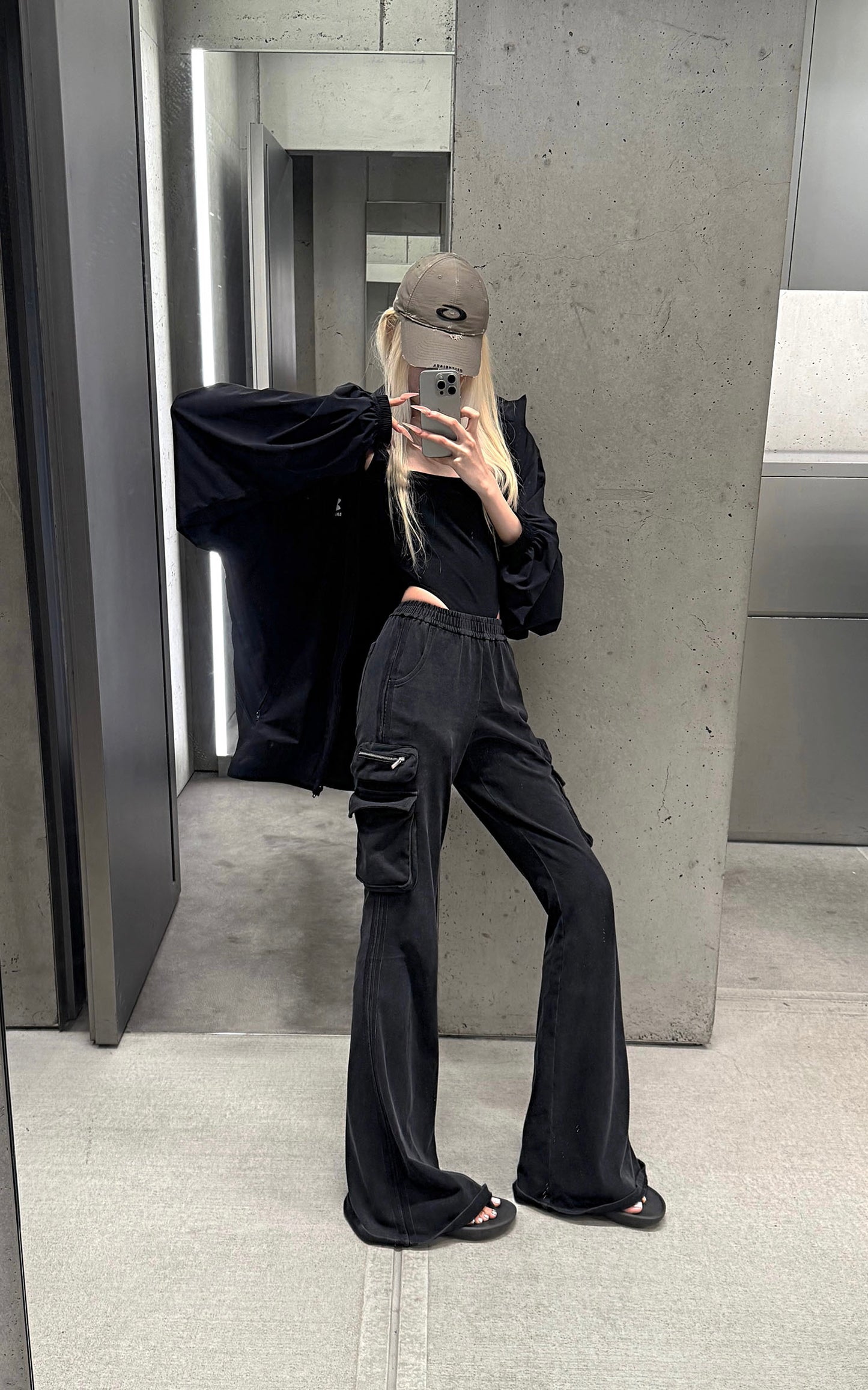 Washed Flare Cargo Pants with Multi Pockets