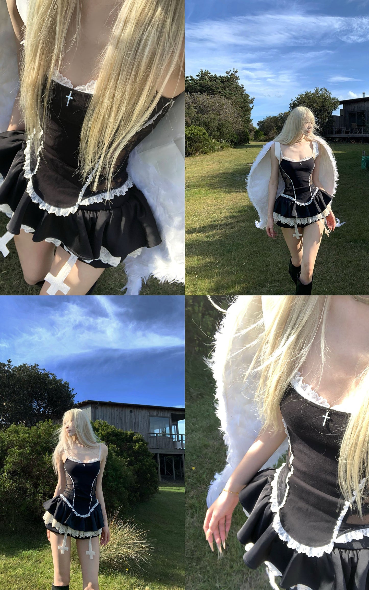 Lace-Trimmed Vest and Skirt Set with Cross Detail