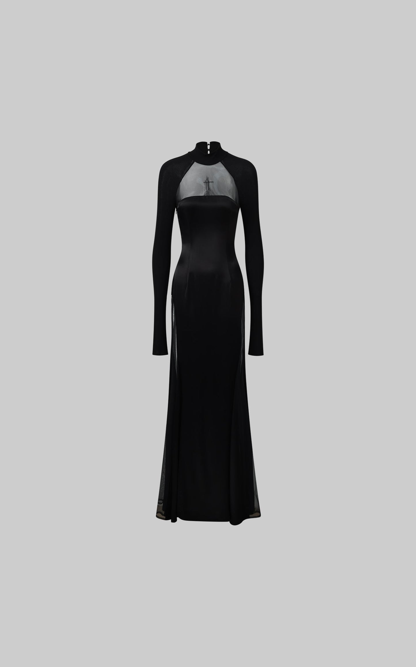 Embroidered Sheer Cross Motif High-Neck Maxi Dress