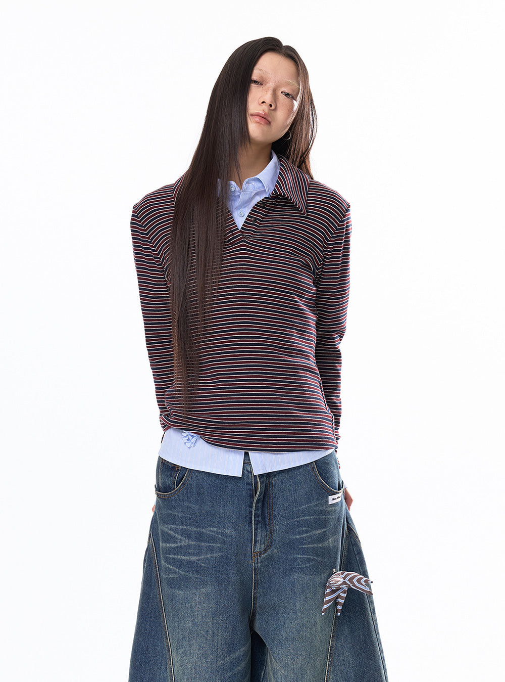 Wool Polo Collar Stripe Long Sleeve Top
