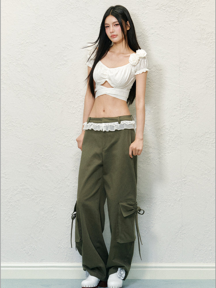 Lace Trim Pocket Bow Trouser Pants