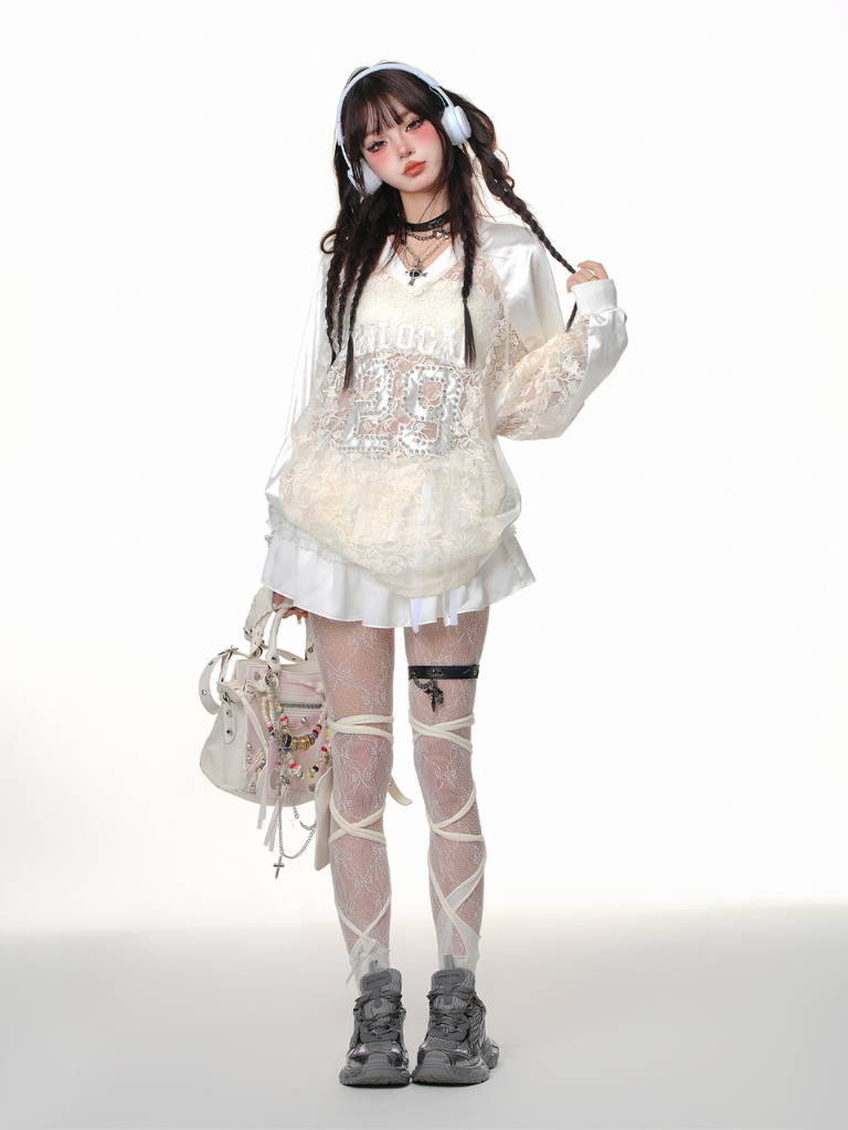 Lace Jersey Top & White Skirt