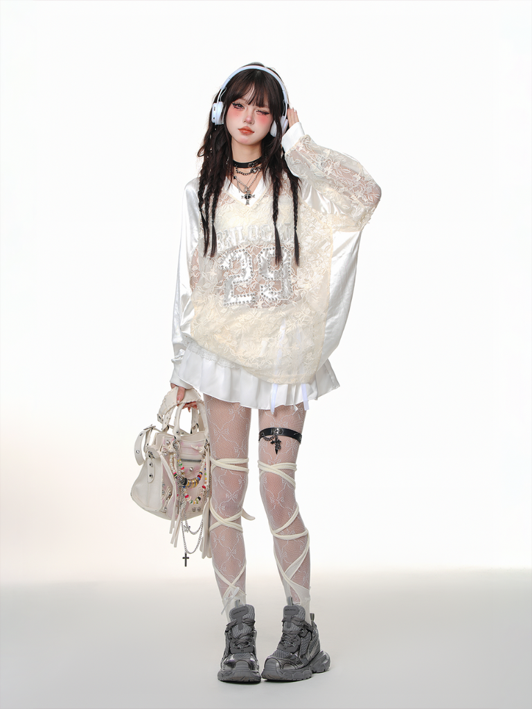 Lace Jersey Top & White Skirt