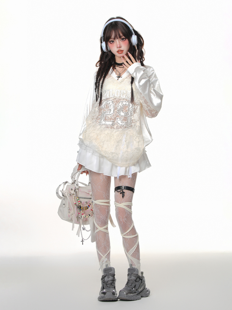 Lace Jersey Top & White Skirt