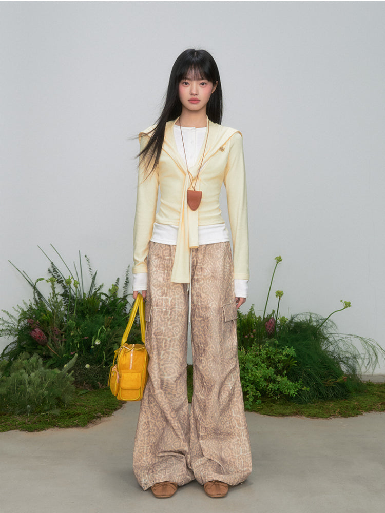 Leopard Print Cargo Drawstring Wide-Leg Pants