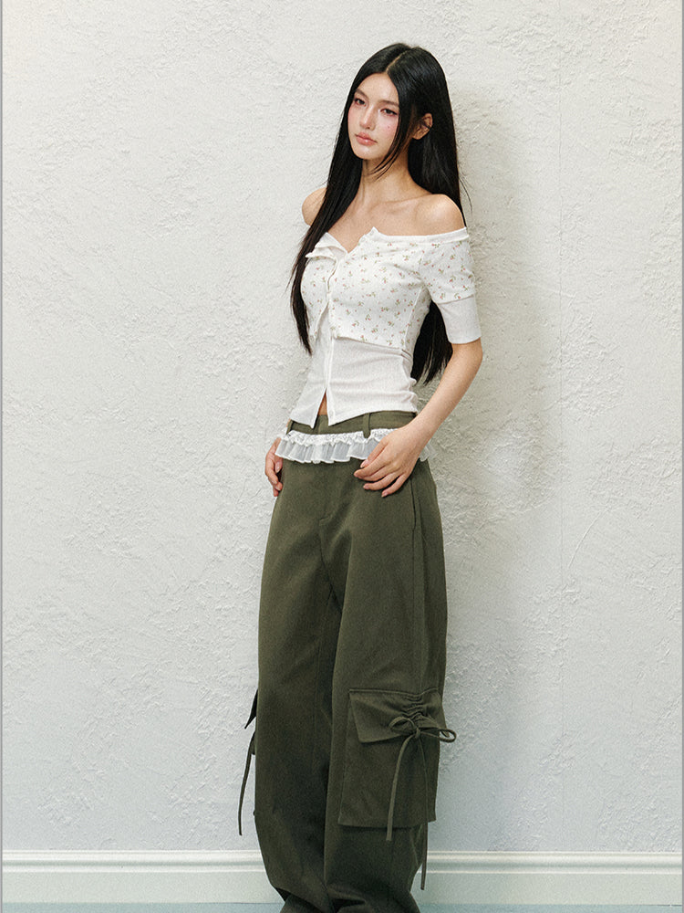 Lace Trim Pocket Bow Trouser Pants