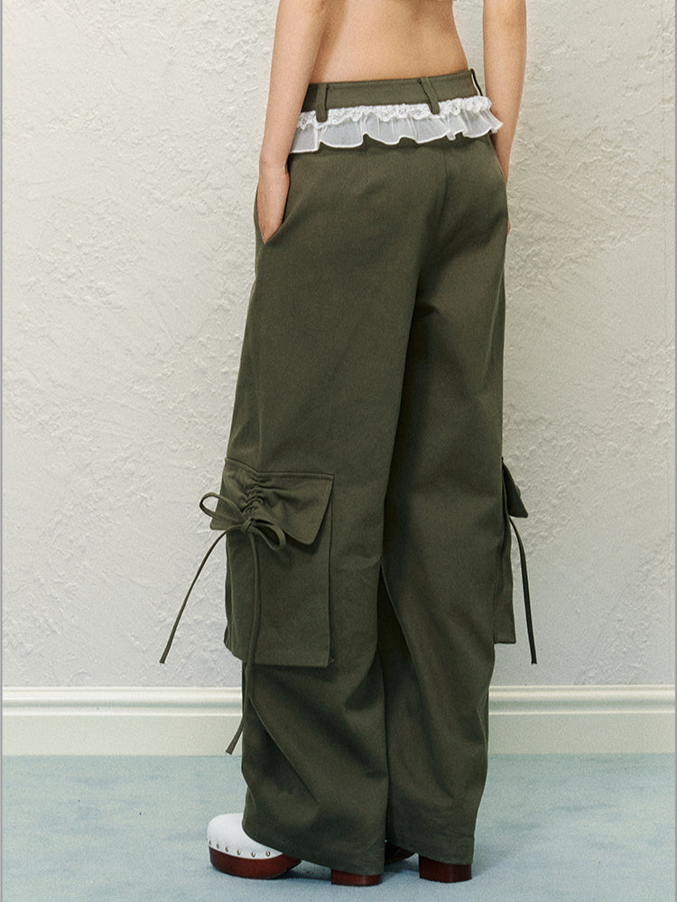 Lace Trim Pocket Bow Trouser Pants