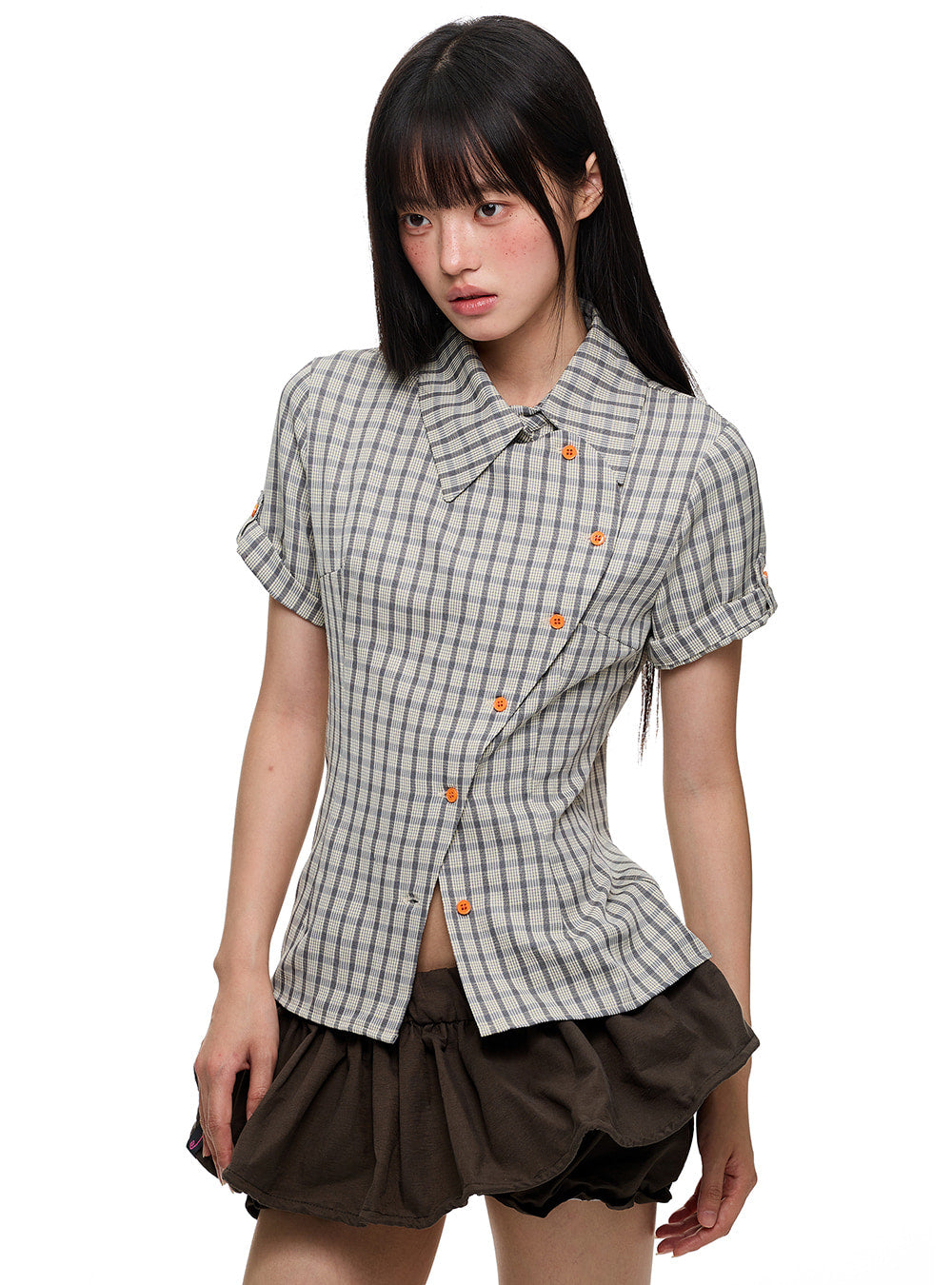 Diagonal Button Design Check Slim Shirt (5color)