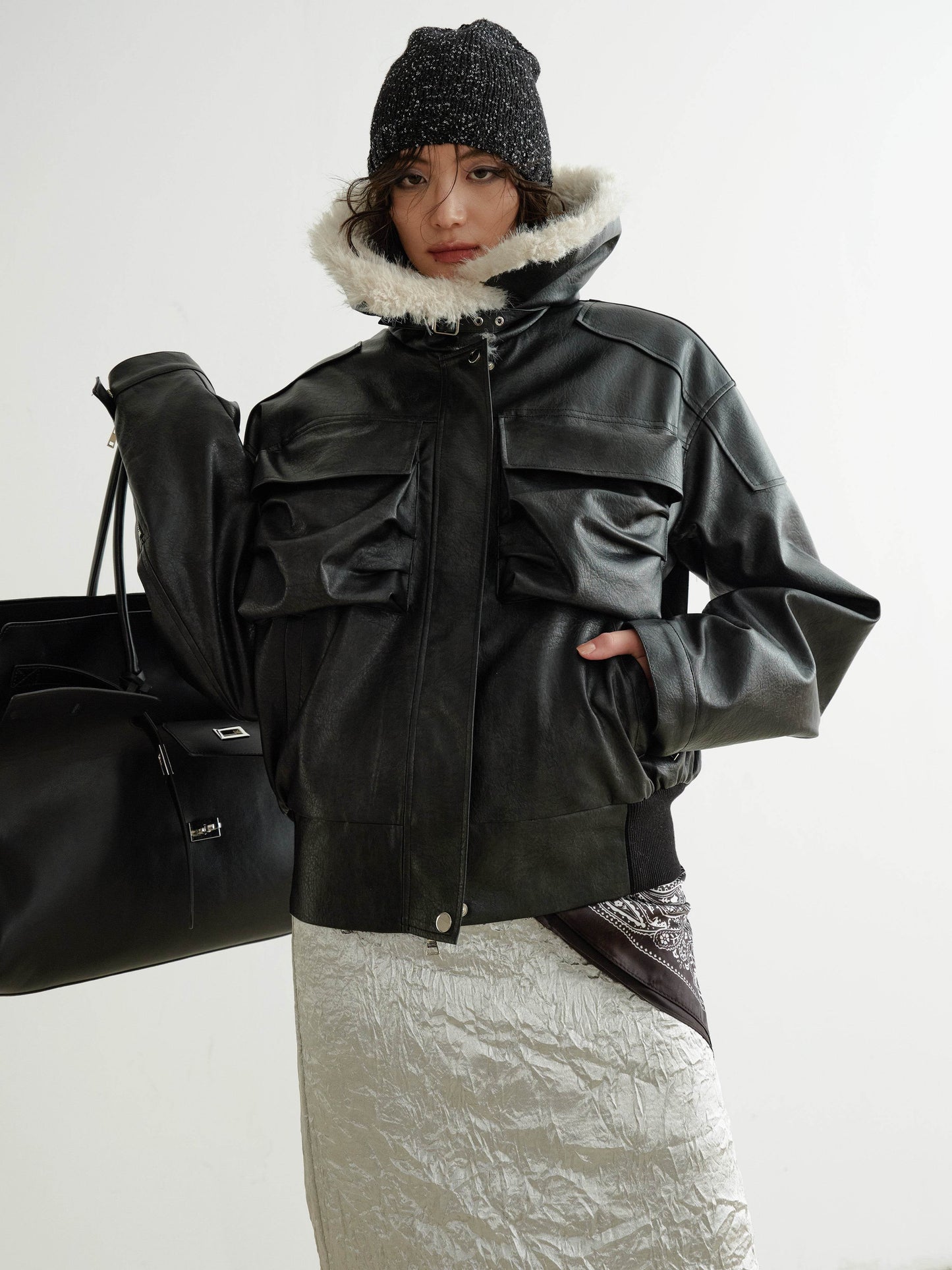 Faux Leather 3D Pocket Jacket With Fur Collar - My Store