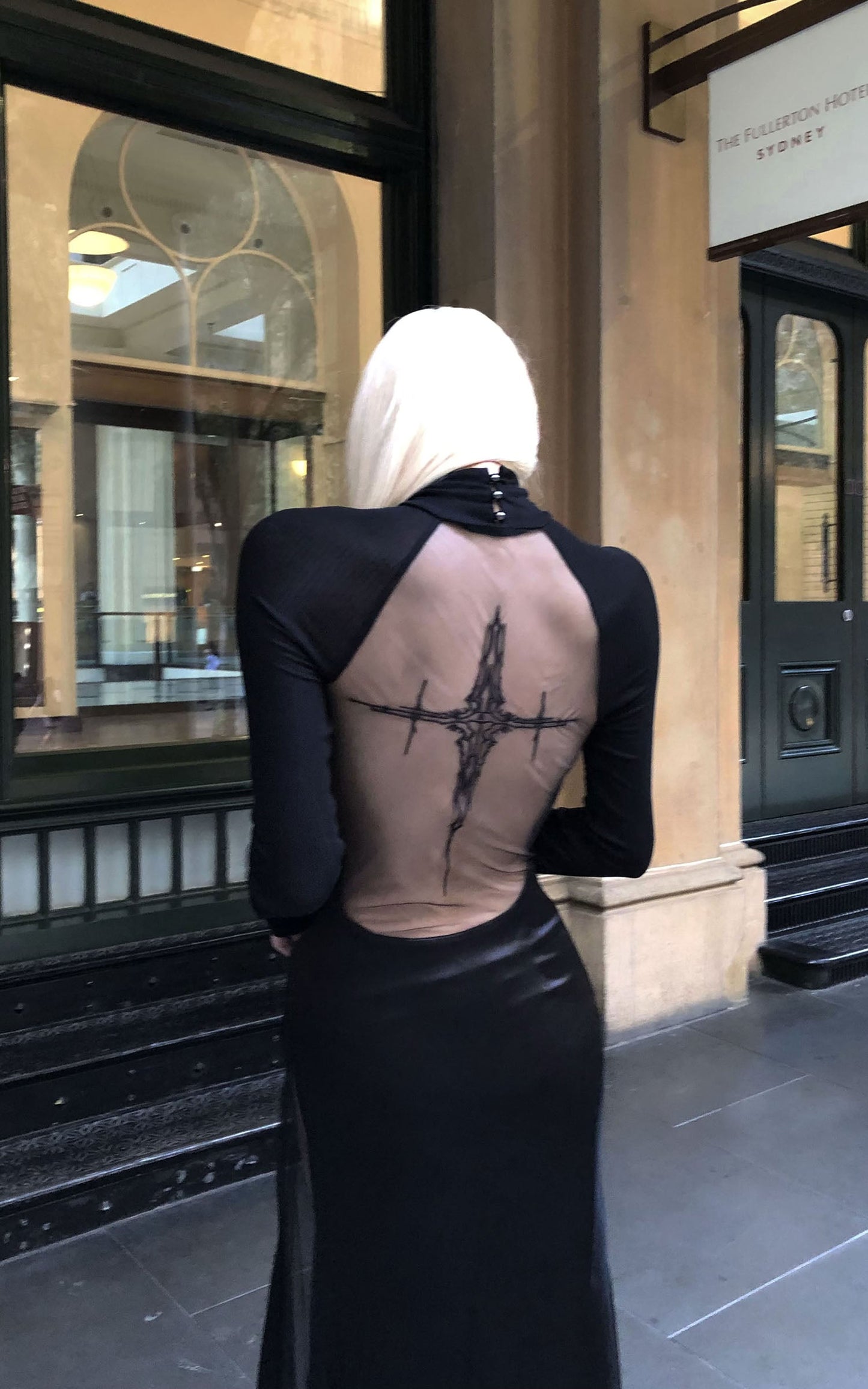 Embroidered Sheer Cross Motif High-Neck Maxi Dress