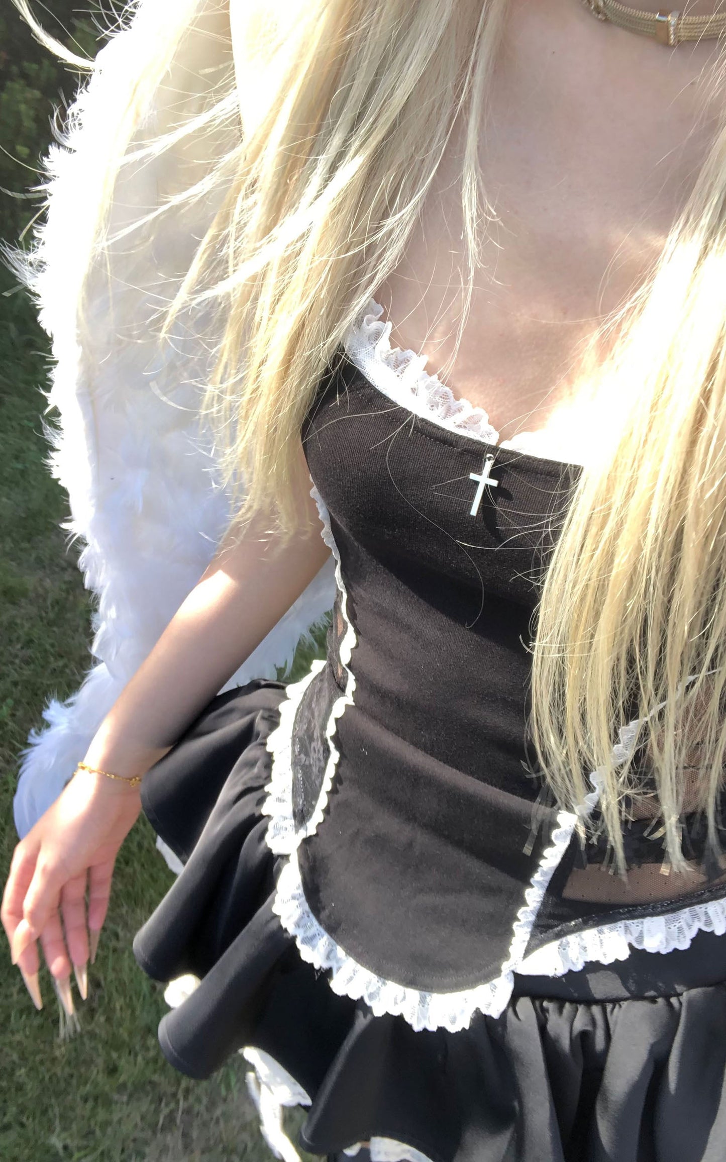 Lace-Trimmed Vest and Skirt Set with Cross Detail