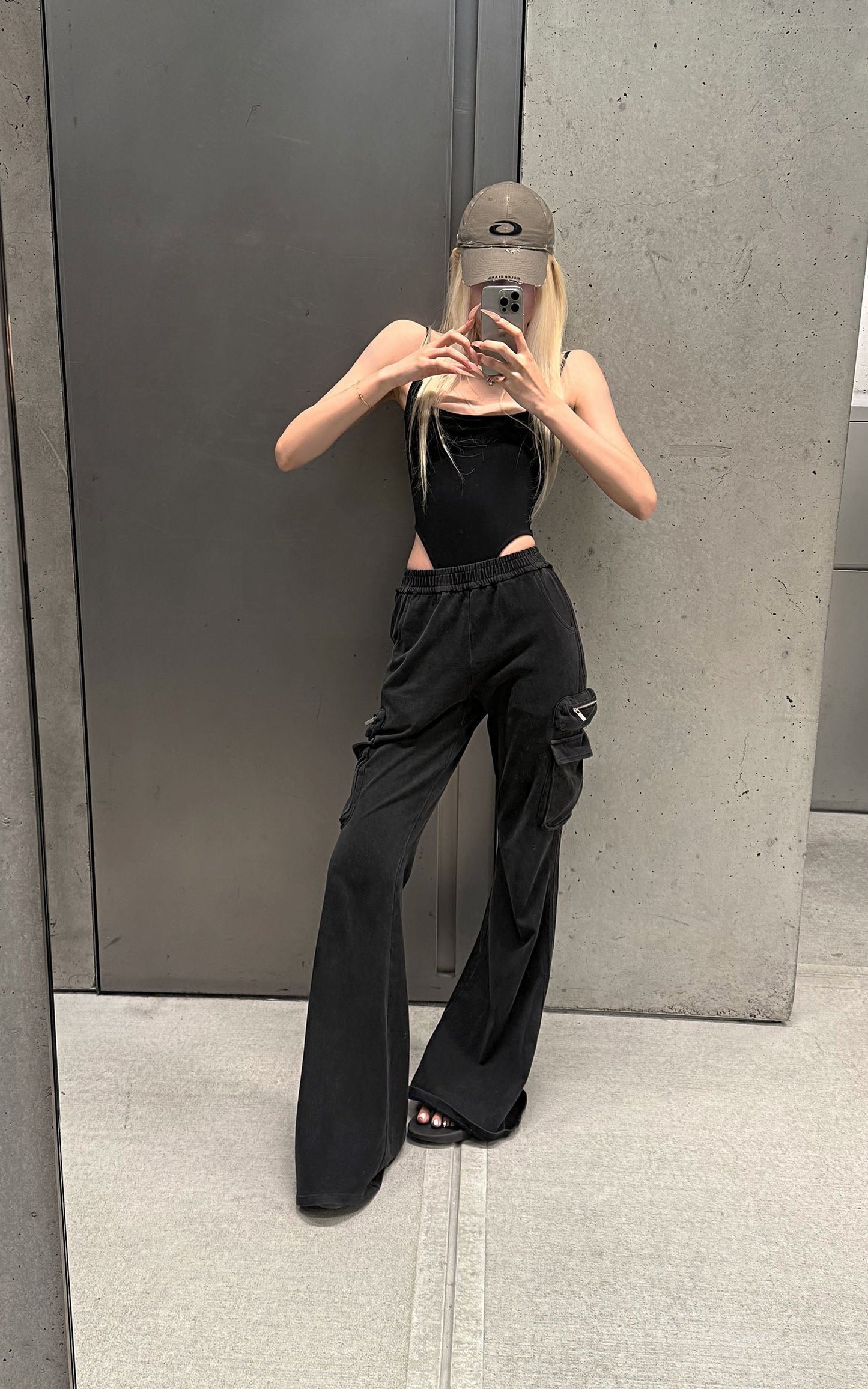 Washed Flare Cargo Pants with Multi Pockets