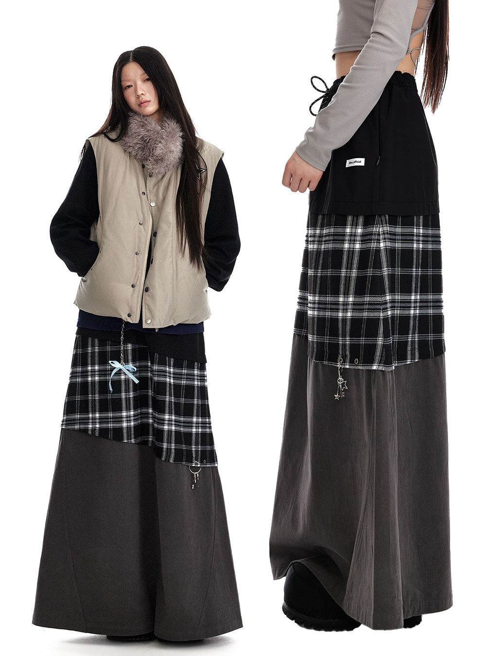 Retro Checkered Multi Pattern Long Skirt