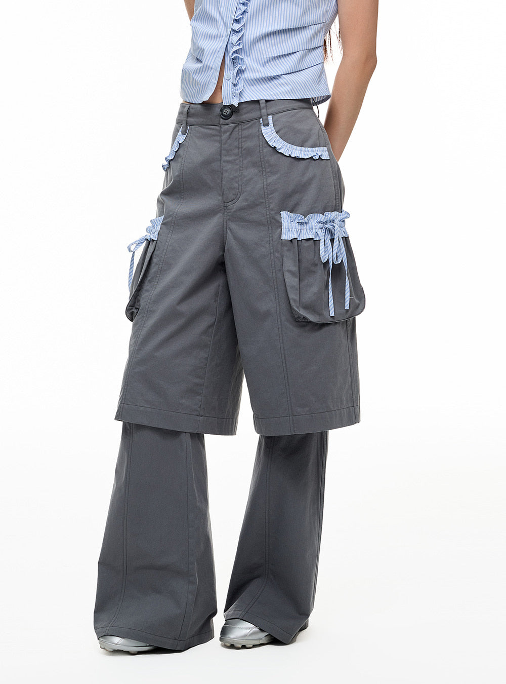 Stripe Pleated Two Layer Shorts & Pants Set