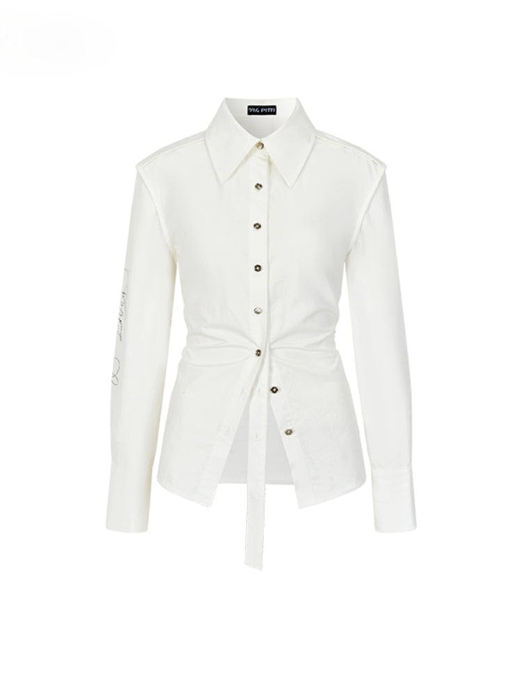 Diamond Waist Cinched White Long Sleeved Shirt