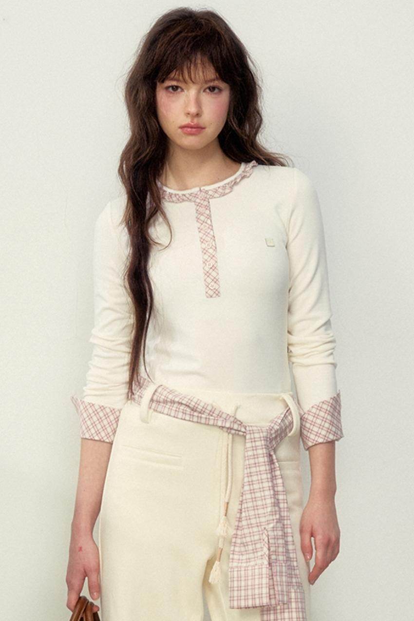 Plaid Accent Long-Sleeved Top - My Store