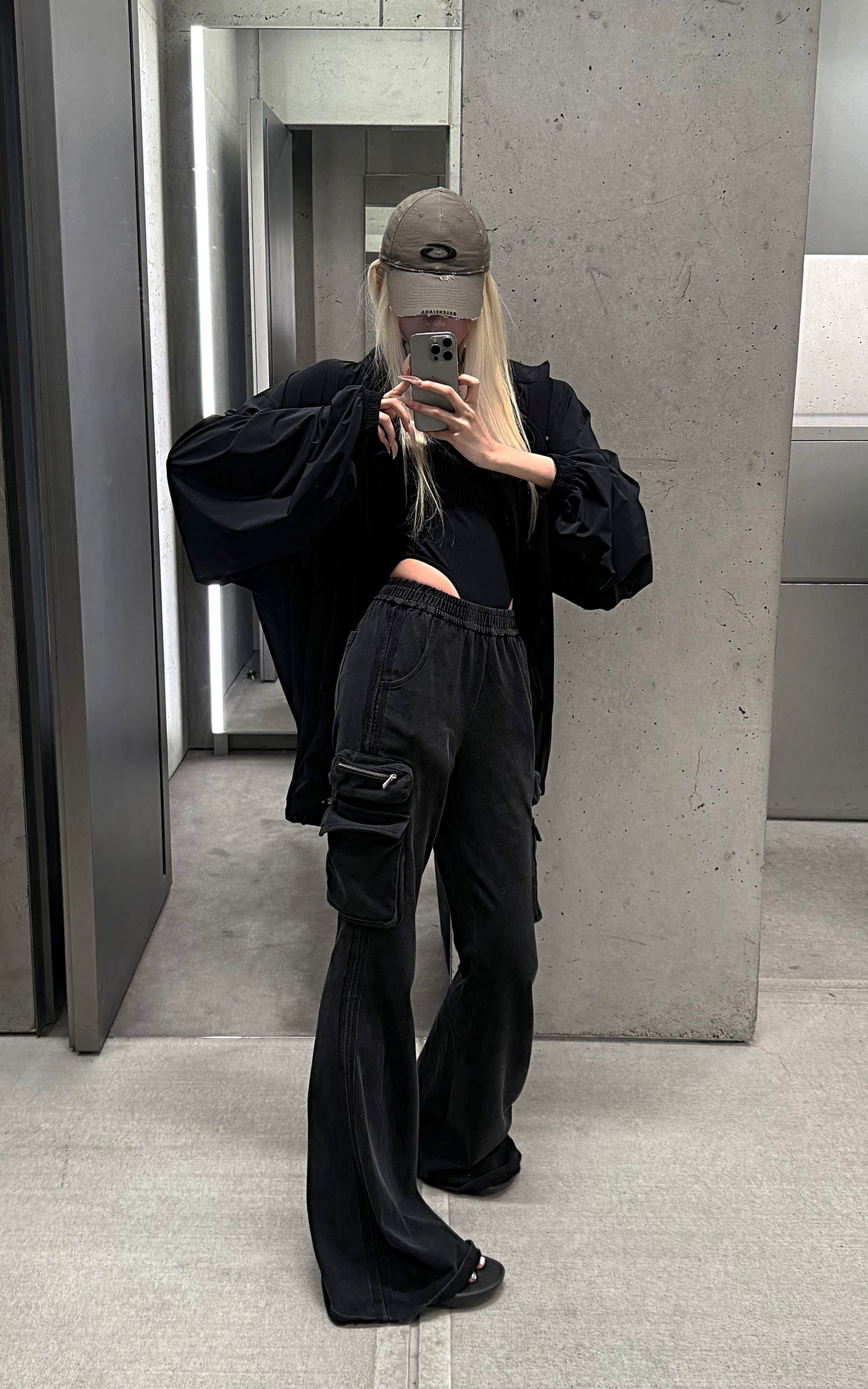 Washed Flare Cargo Pants with Multi Pockets