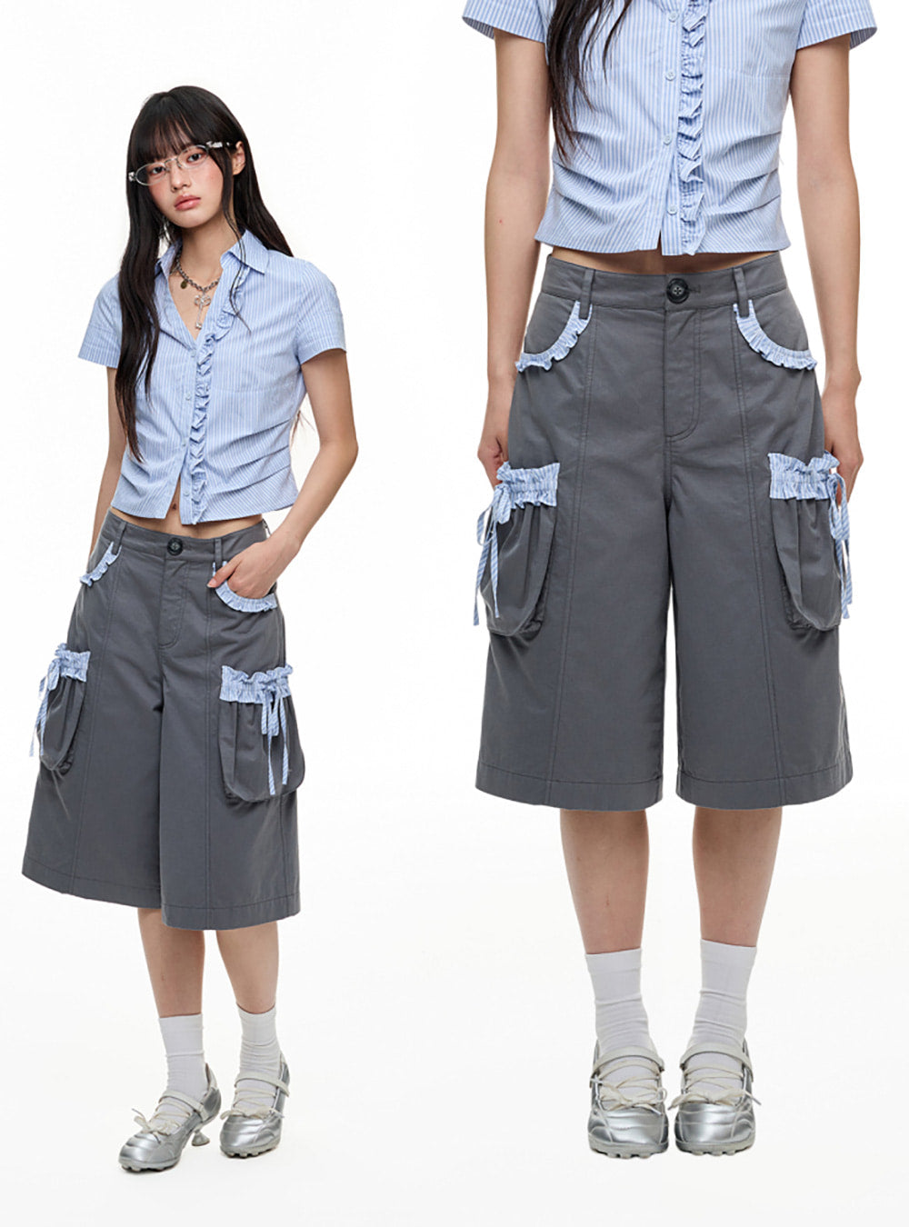 Stripe Pleated Two Layer Shorts & Pants Set