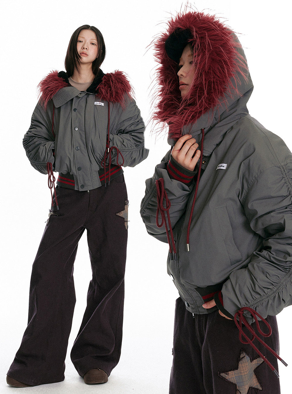 Angora Red Fur Cotton Padded Jacket