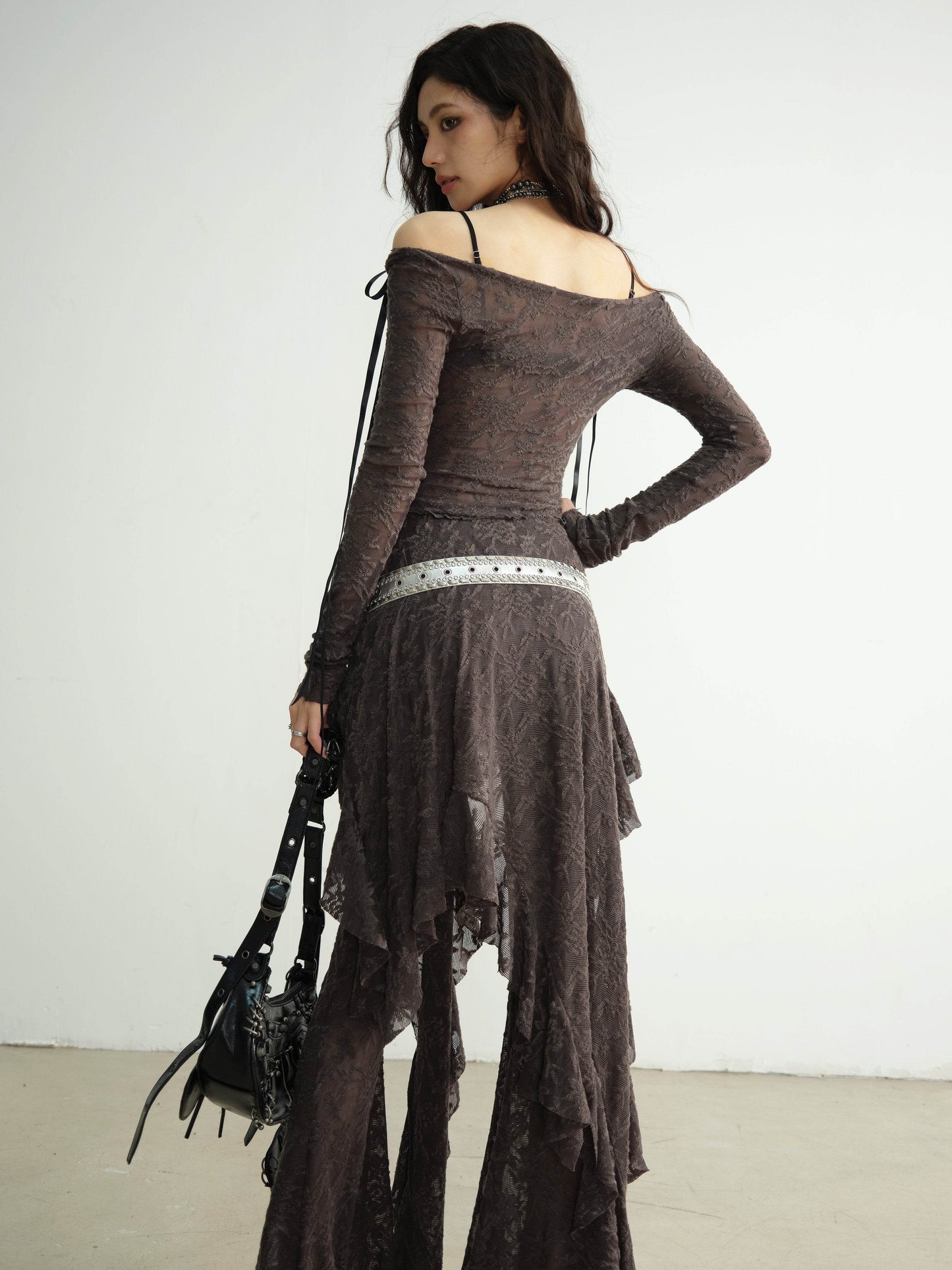 Asymmetric Ruffle Sheer Lace Top And Skirt - My Store