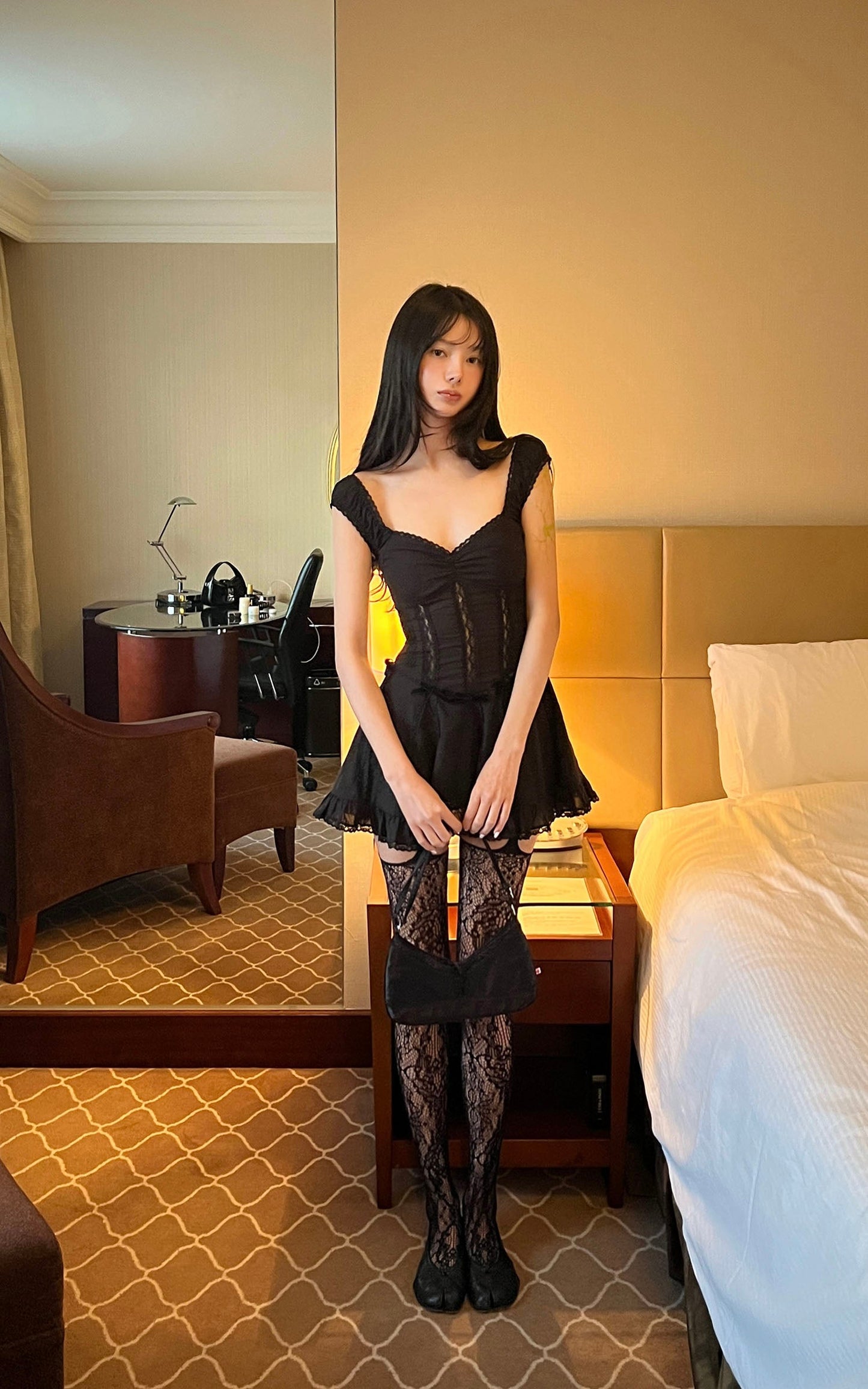 Velvet Bow Lace Mini Dress