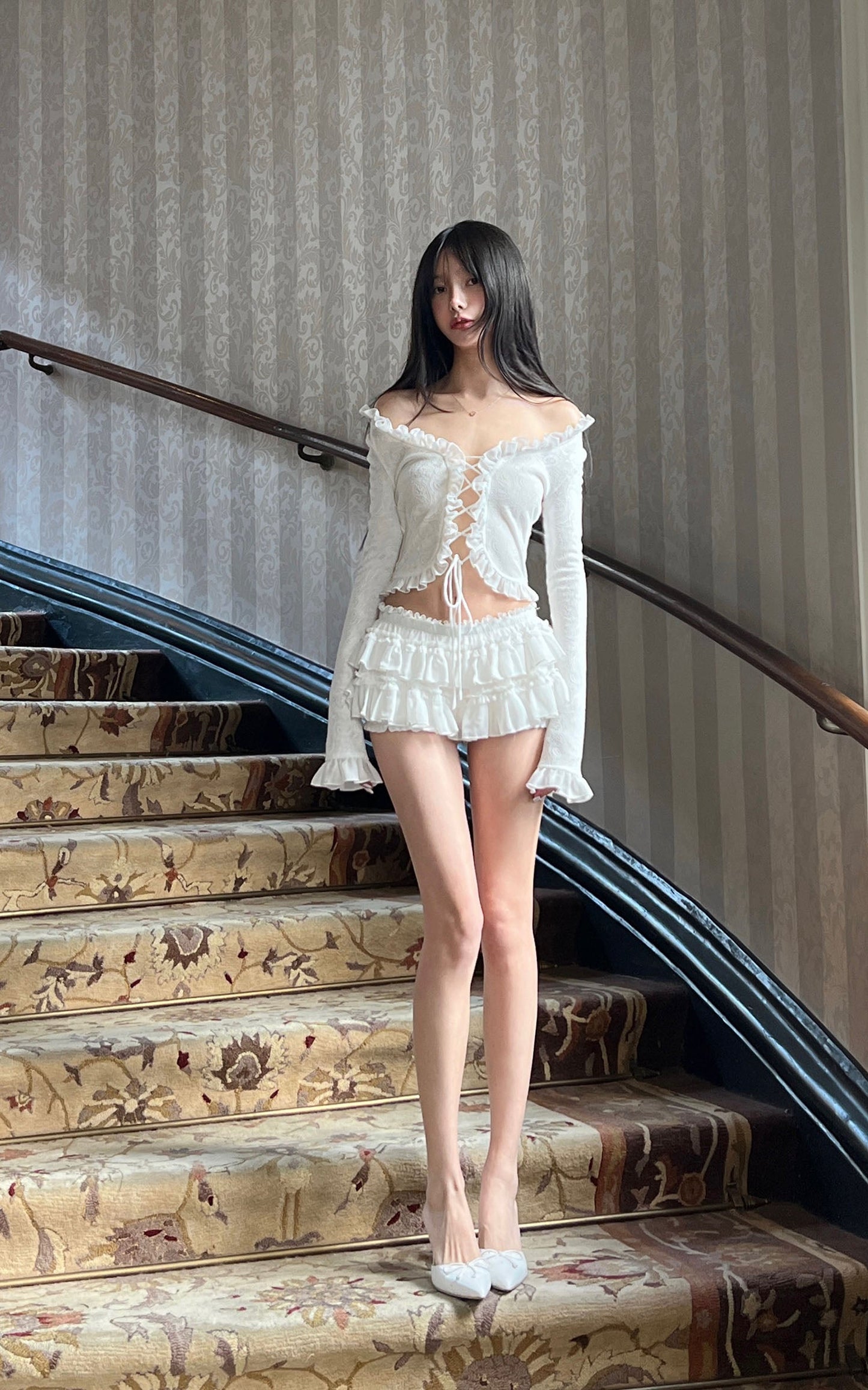 Rosette Lace-Up Cardigan & Ruffle Mini Skirt Set